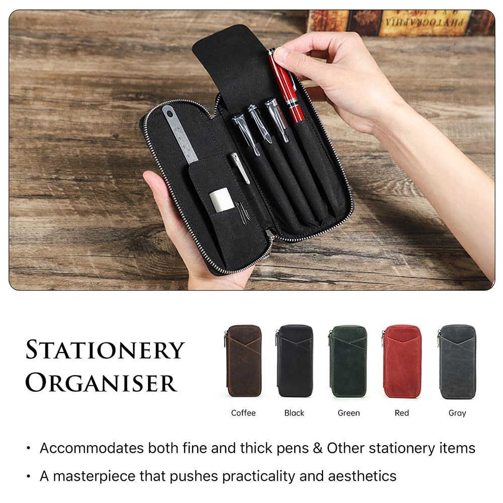 Full Grain Leather Pencil Case Handmade Vintage Zipper Pen Holder Pouch with …