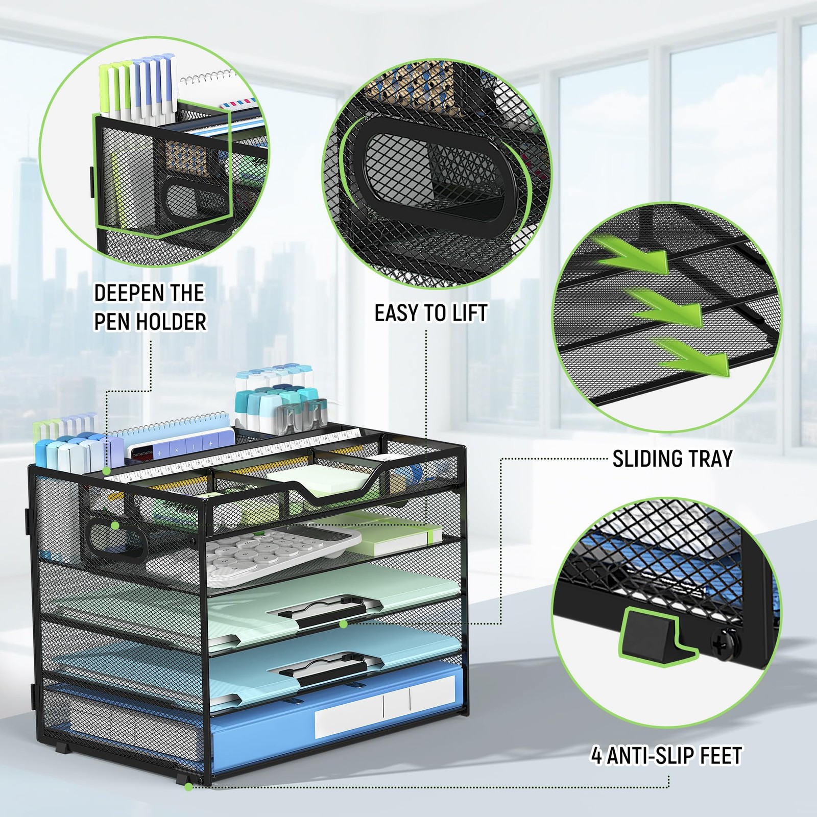 Docnest 5 Tier Mesh Desk Organizer with Adjustable 12.6 x 9.1 x10.3, Black