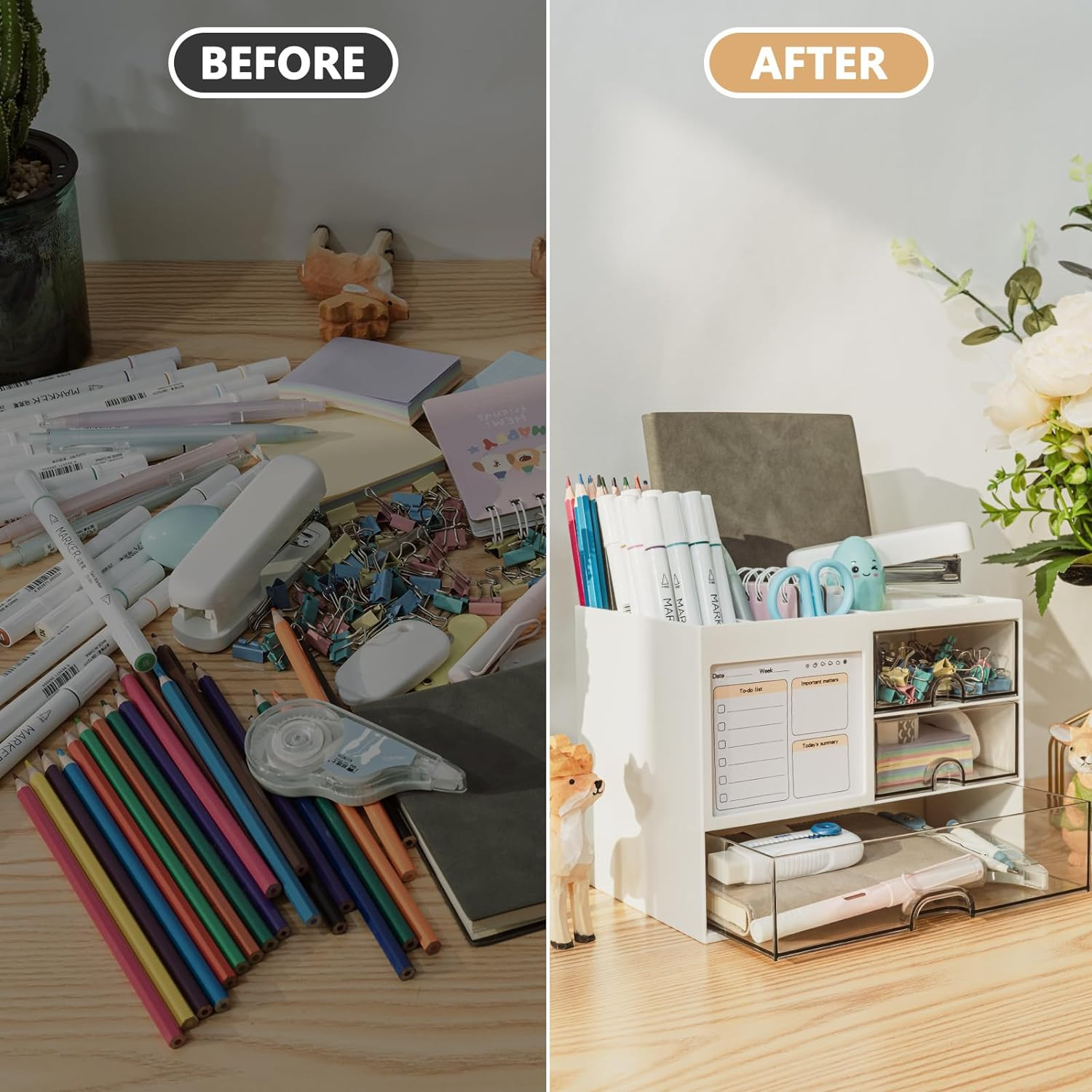 Desk Organizer with 3 Drawer, Multi-Functional Pencil Pen Holder for Desk, Desk