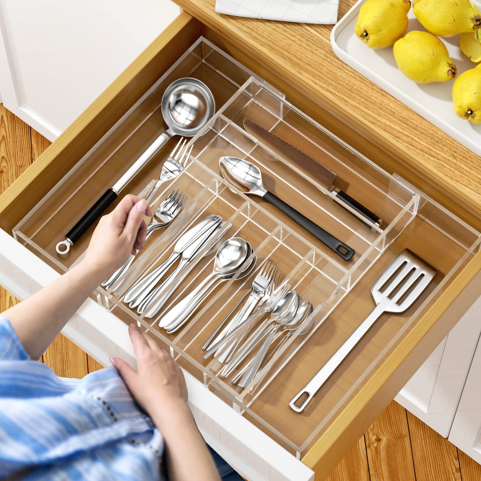 NIUBEE Expandable Kitchen Drawer Organizer 17×16.3×2.7 inch, Acrylic Clear