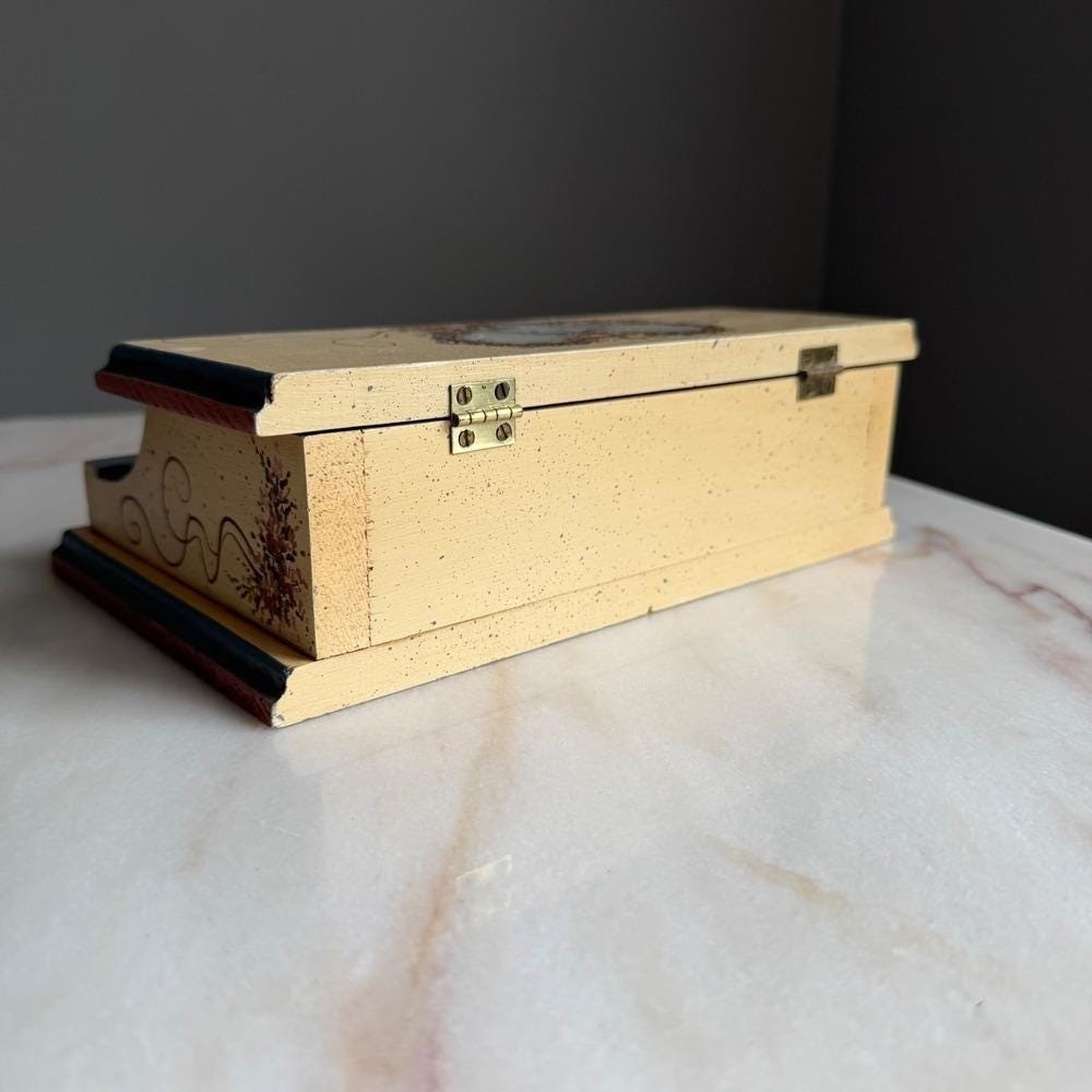 Vintage C Hawkins 1989 Hand Painted Wooden Desk Organizer Stationery Box Floral