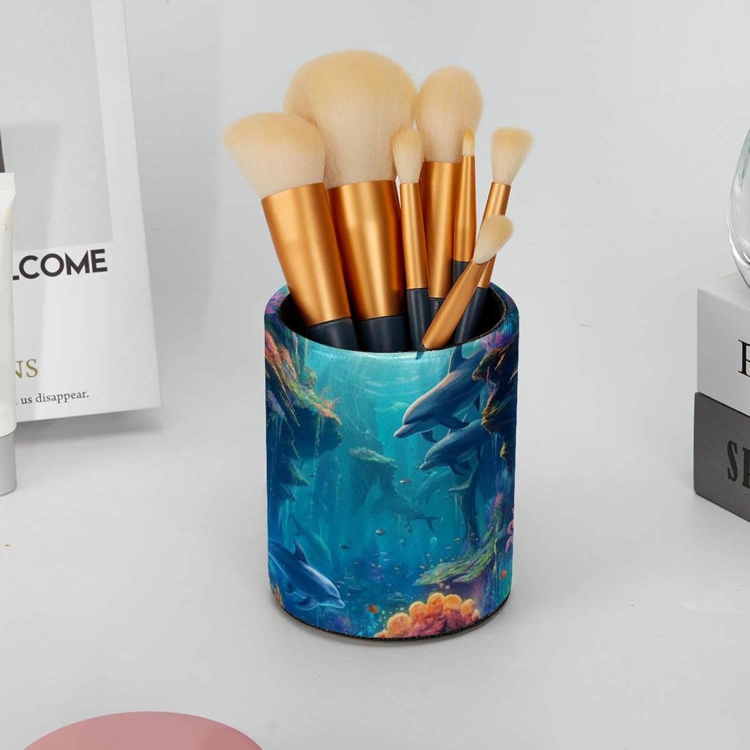 Decorative Pen Holder Stand, PU Leather Waterproof Pencil Marker Makeup Brush…