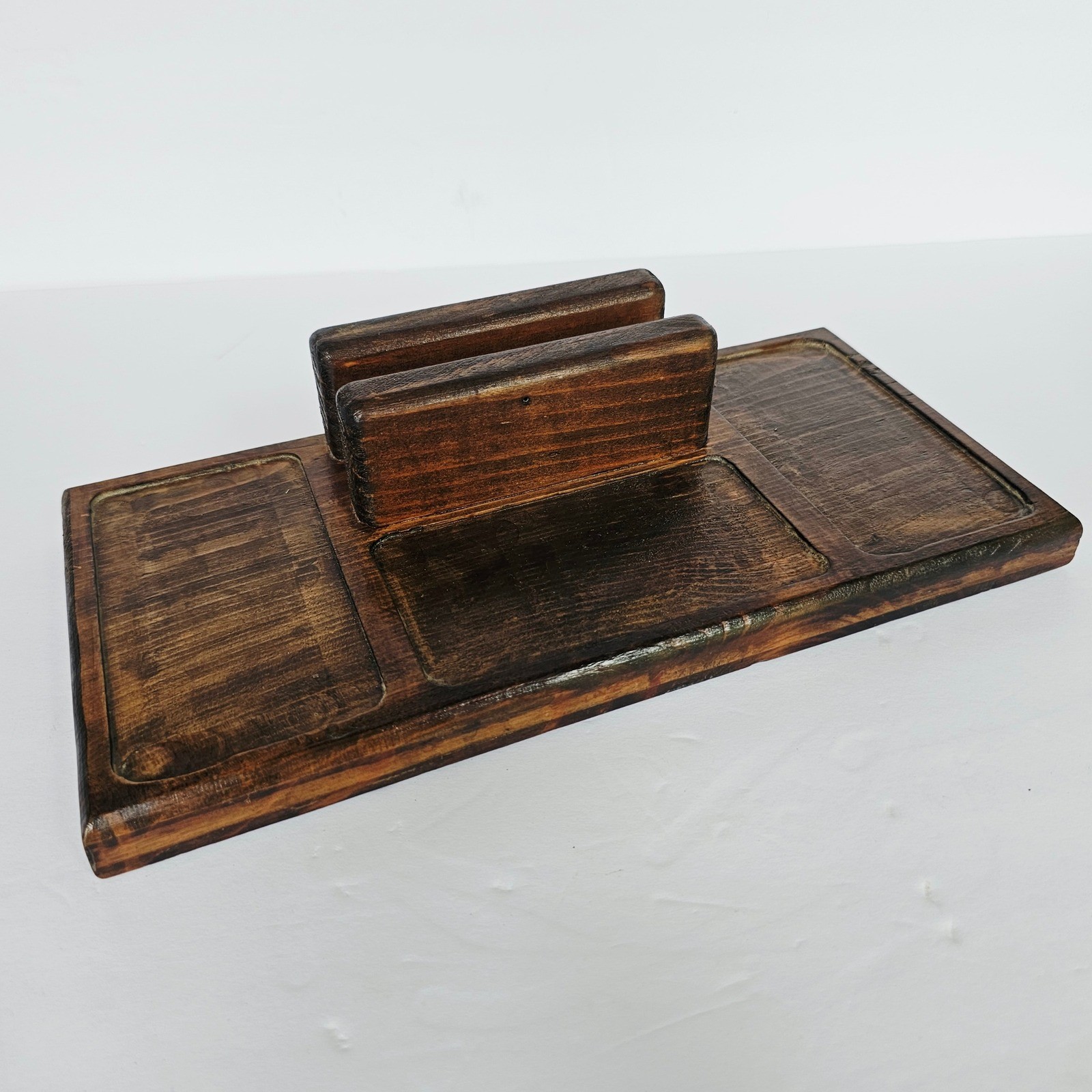 Vtg Handmade Wood Desk Organizer Mens Valet Tray Brown Rustic Farmhouse Catchall