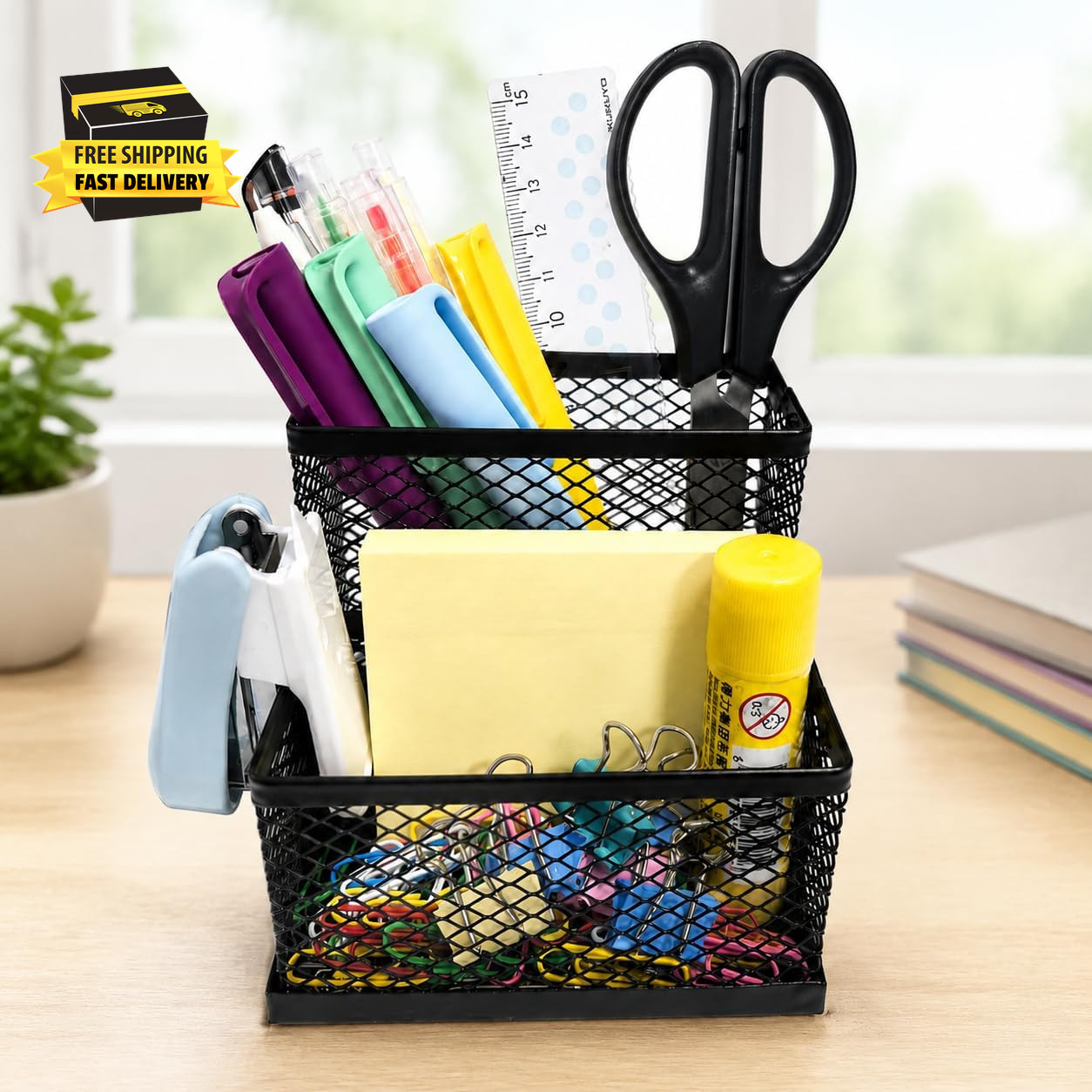 Pen Holder for Desk Organizer,2Compartments Office Supply Organizer for School H