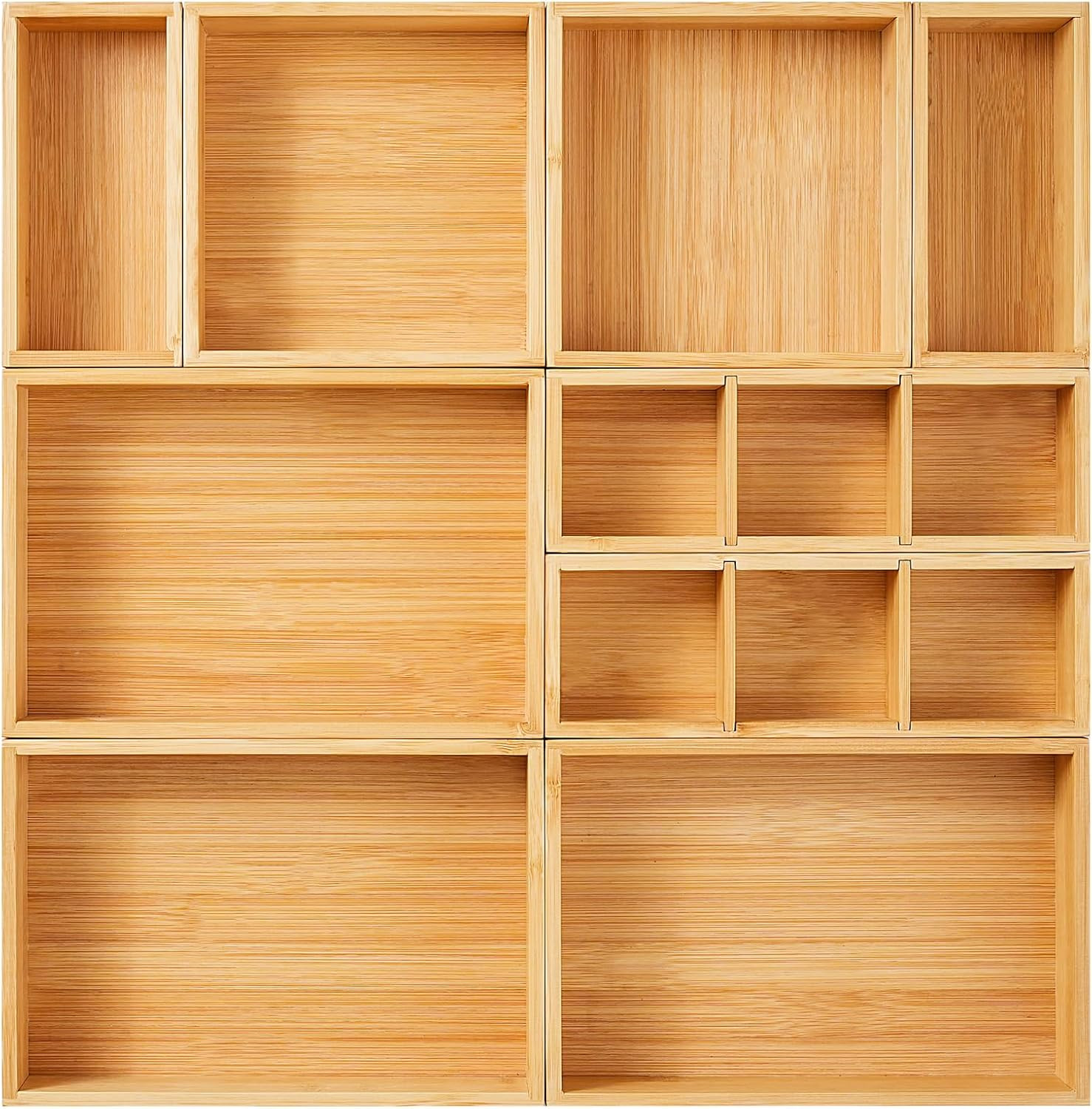 9 Pack Bamboo Drawer Organizer Set Kitchen Desk Bathroom Storage Containers