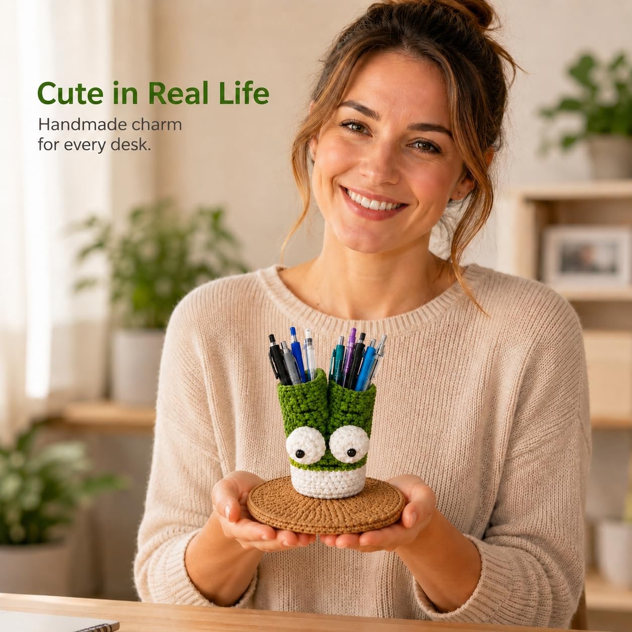 Cute Crochet Pen Holder for Desk – Handmade Green Onion Pencil Cup with Stand…