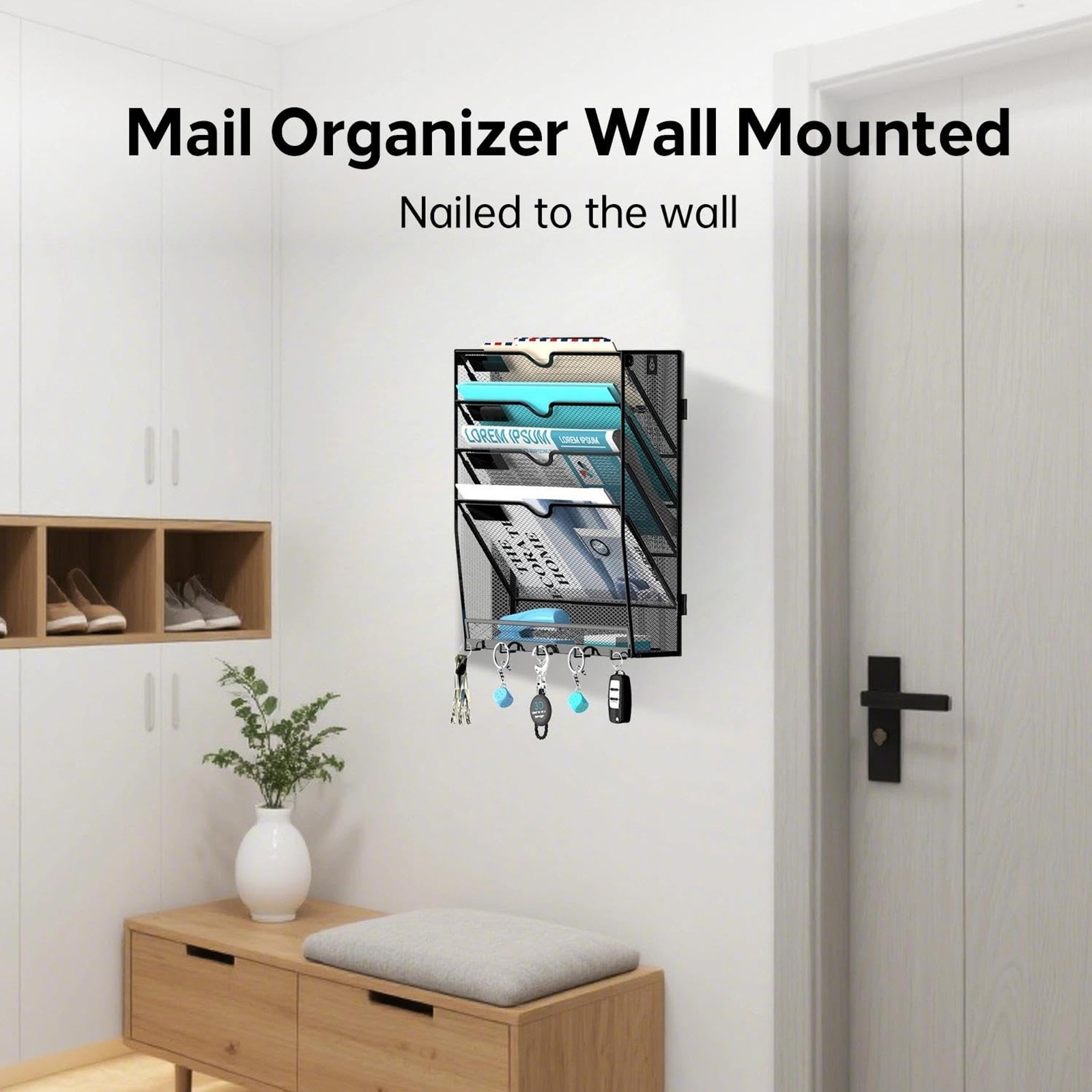5 Tier Wall File Organizer – Hanging File Organizer with 5 Hooks, Mail Holder Wa