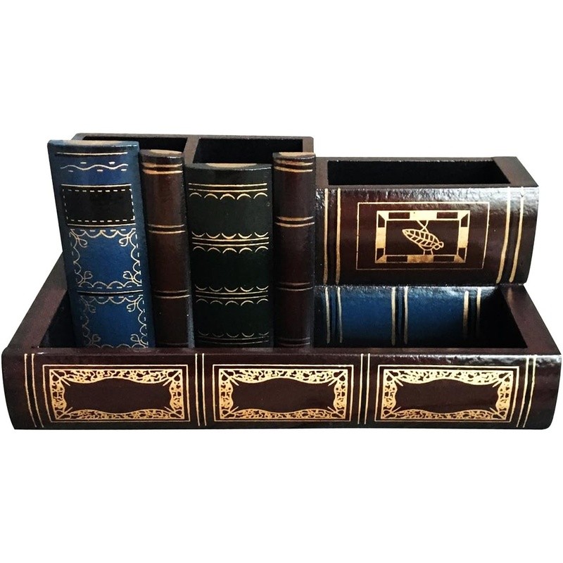 Rustic Wooden Desk Pen Holder Organizer W/ Drawer & Sections Office Supplies New