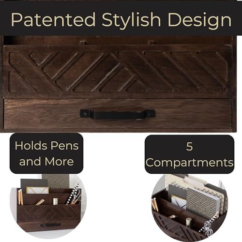 Brown Wood Desk Organizer with Drawer – Bill Storage Organizer and Sorter for…