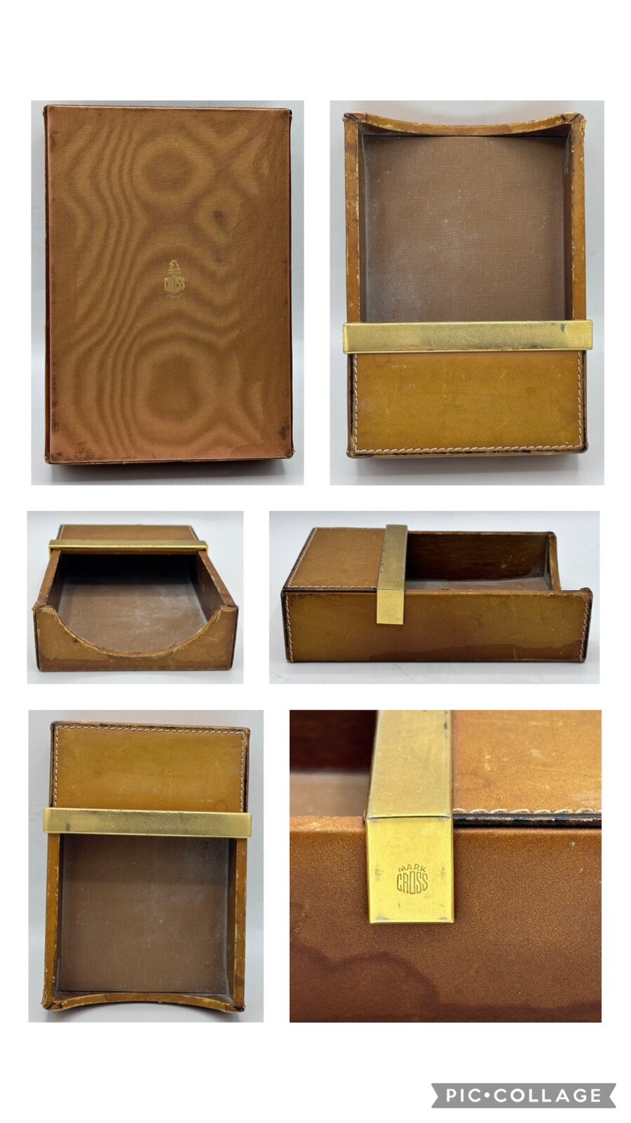 Vintage Mark Cross 4” x 6” Memo Sheet Desk Tray Box Leather & Brass Made Italy