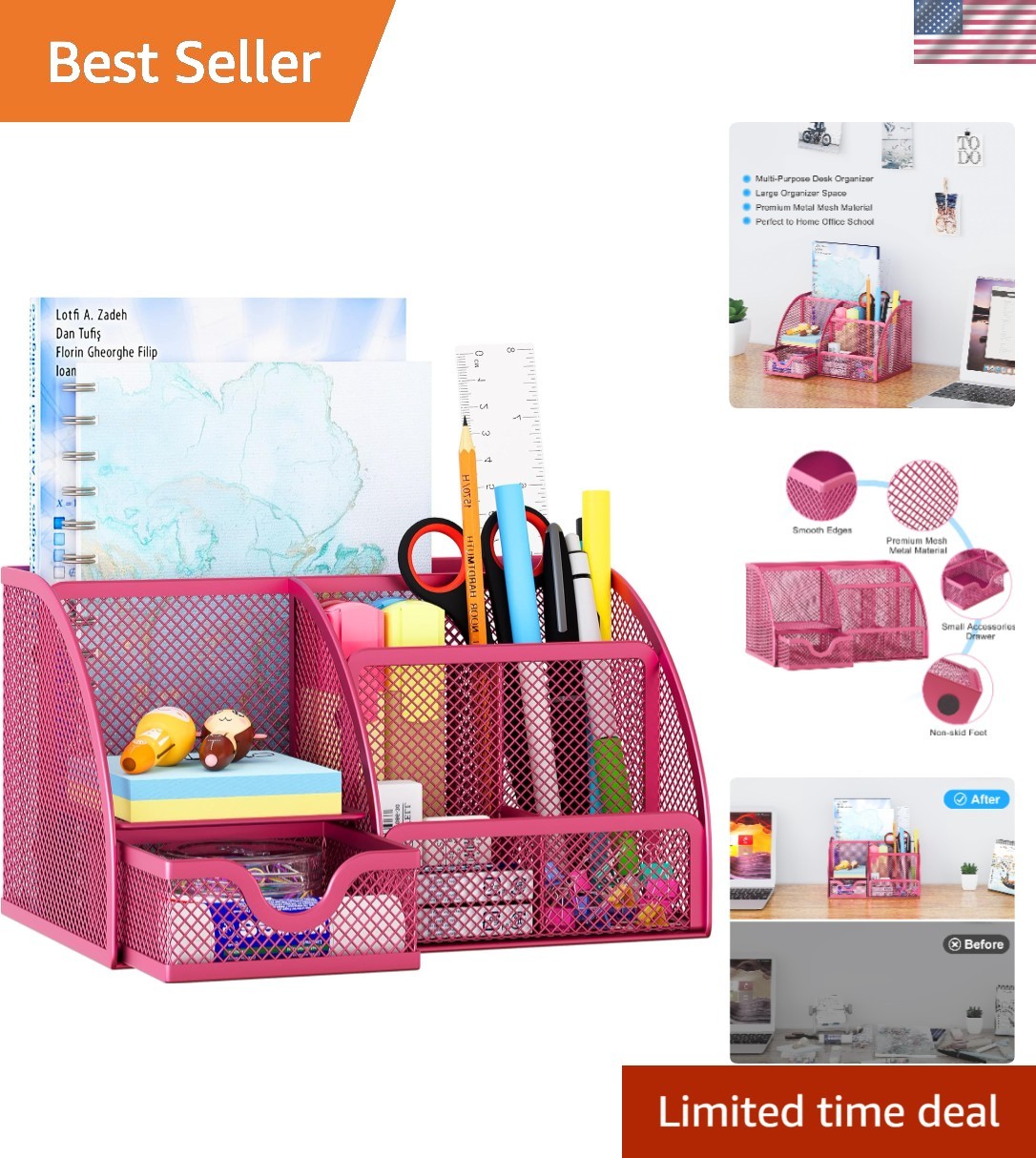 Vibrant Hot Pink 6-Compartment Desk Organizer: Perfect Gift for Stylish Women