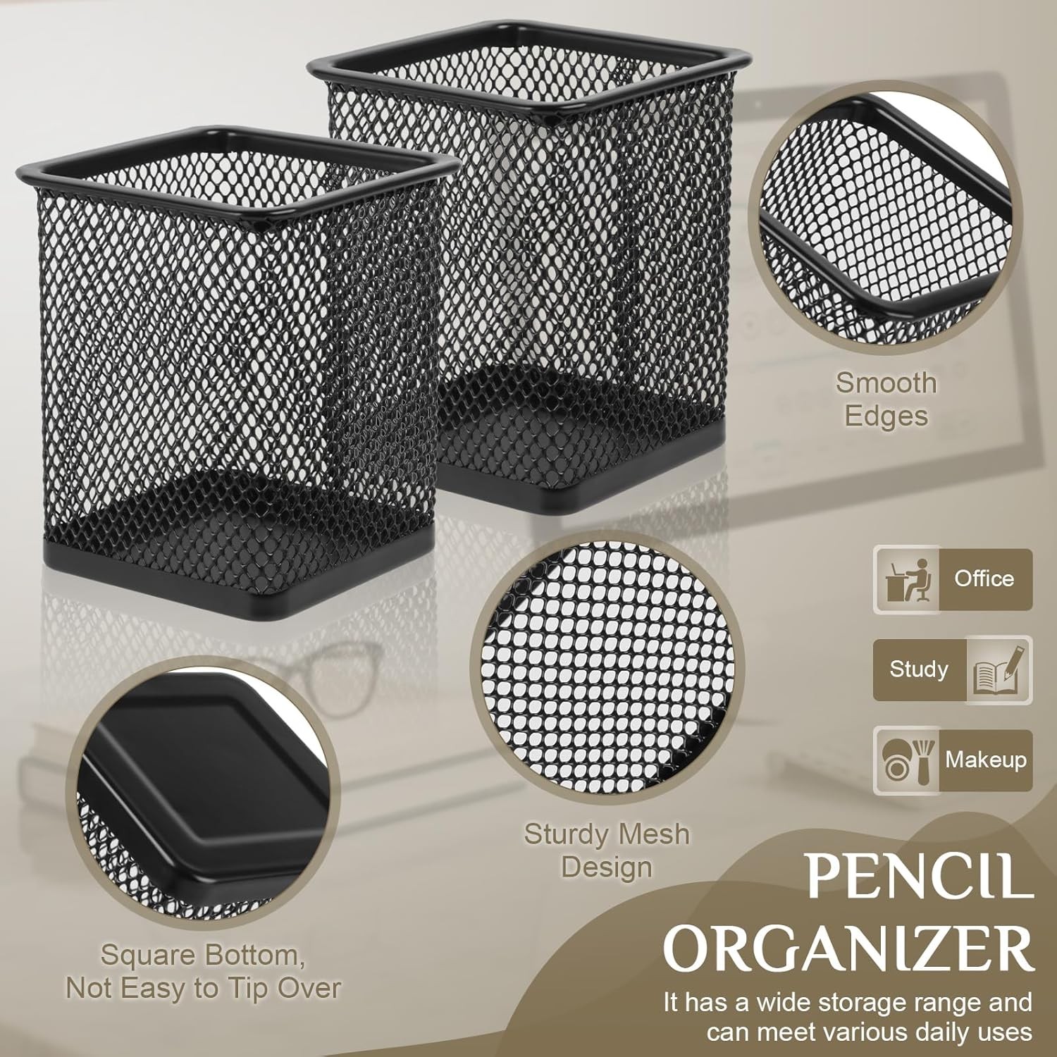 2 Pack Square Metal Pen Holder Desk 3.15 x 3.74 IN Pen Cups Pencil Holder