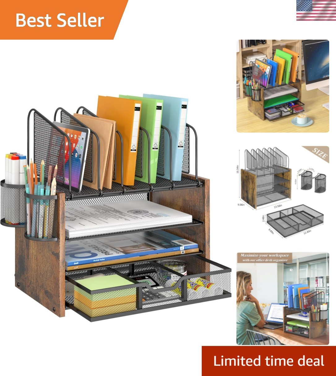4-Tier Mesh Desk Organizer, Wooden Desk File Organizer with 5 Vertical File H…