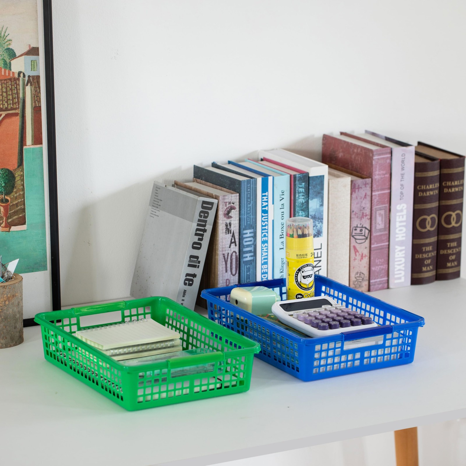 6-pc Assorted Colors Plastic Storage Basket Stackable Organizers for Paper Bo…