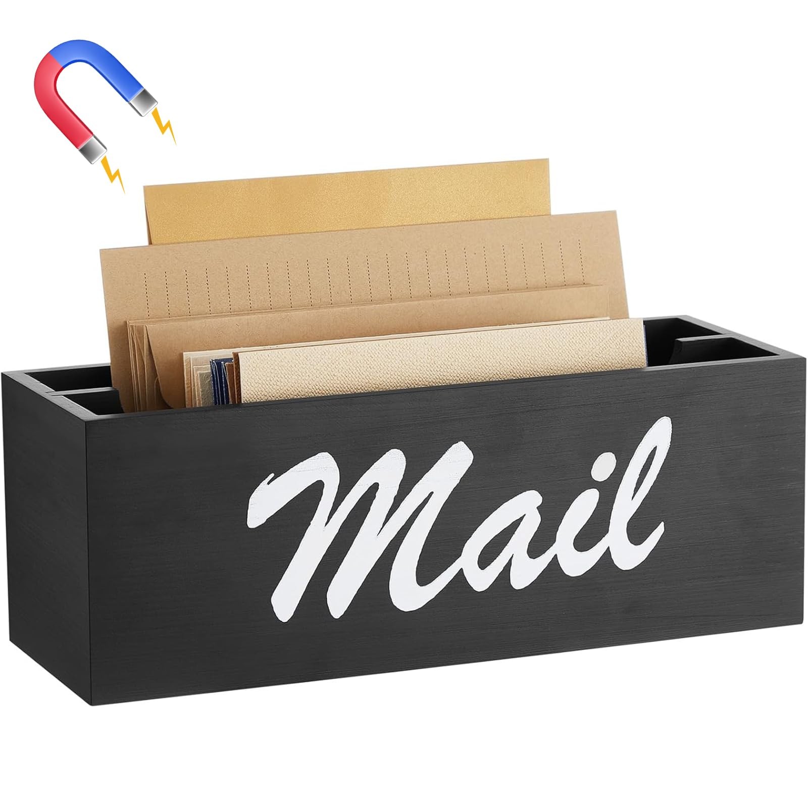 Wood Magnetic Mail Organizer Farmhouse Mail Holder for Fridge Rustic Paper Ba…