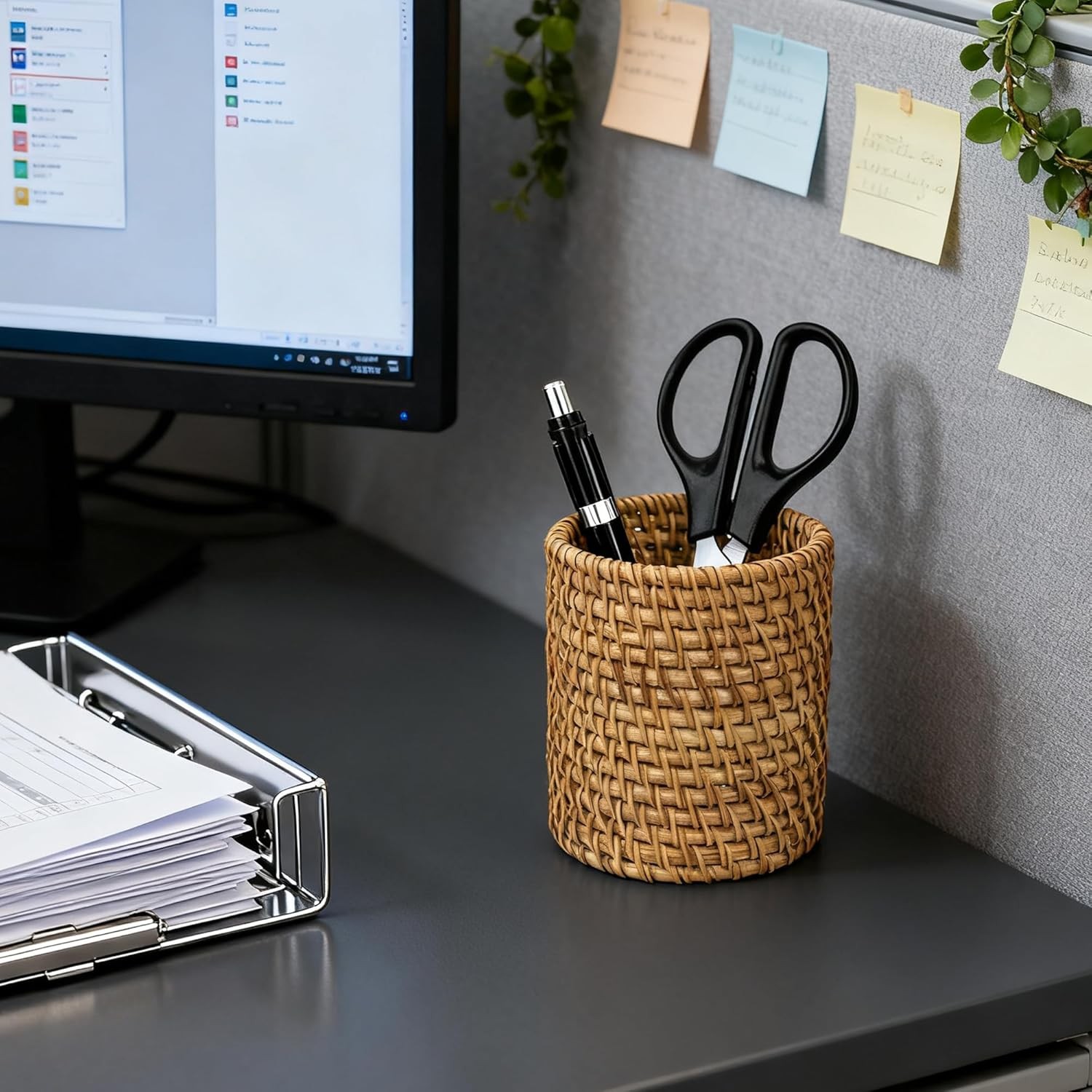 Wicker Rattan Pencil Holder Cylindrical Desk Organizer Cup Natural Brown Office