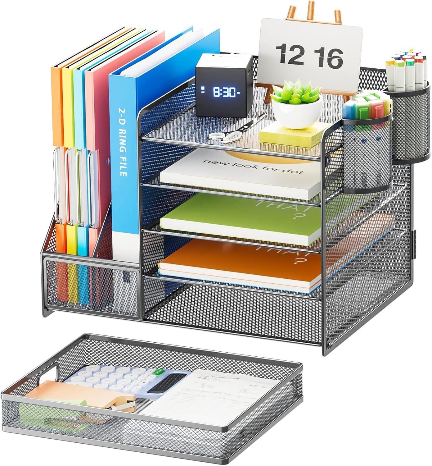 5-Tier Metal File Letter Tray Organizer with Drawer for Office Supplies Grey