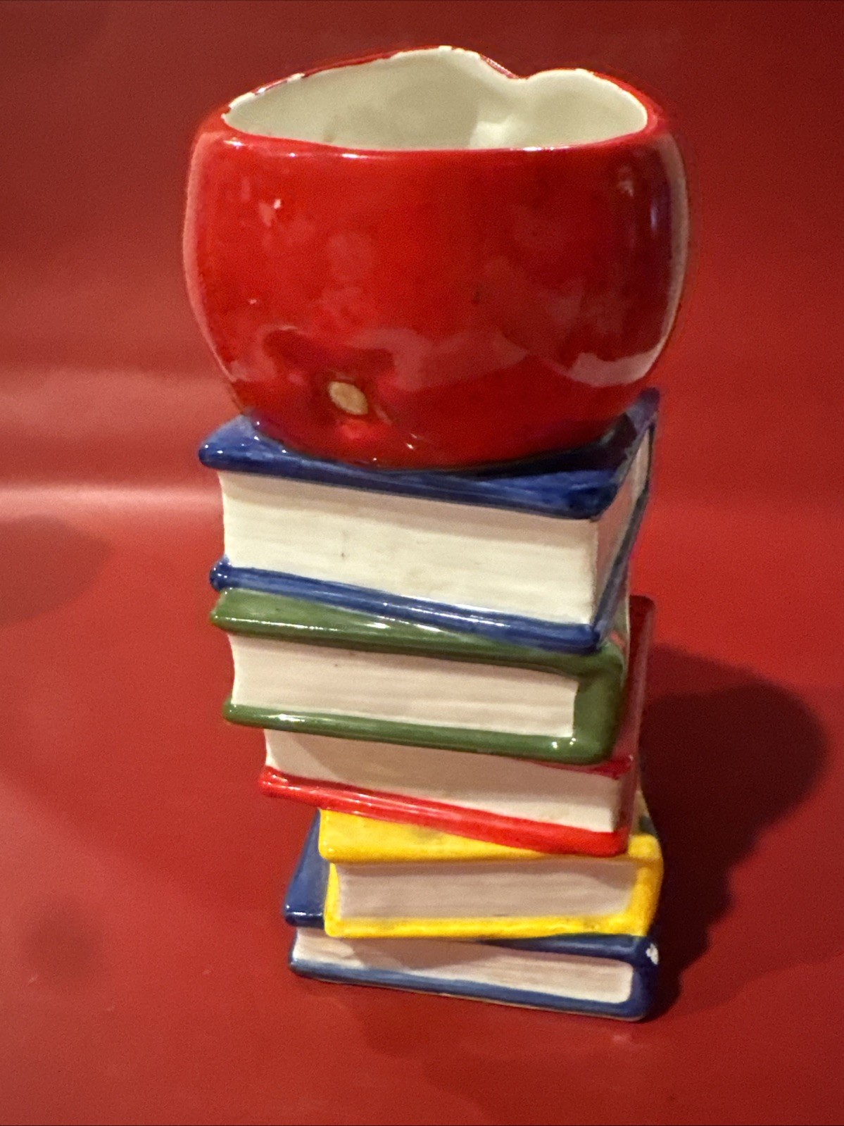 School Books with Apple Top Pen Holder Tall 6” Wide Top : 2 1/2”