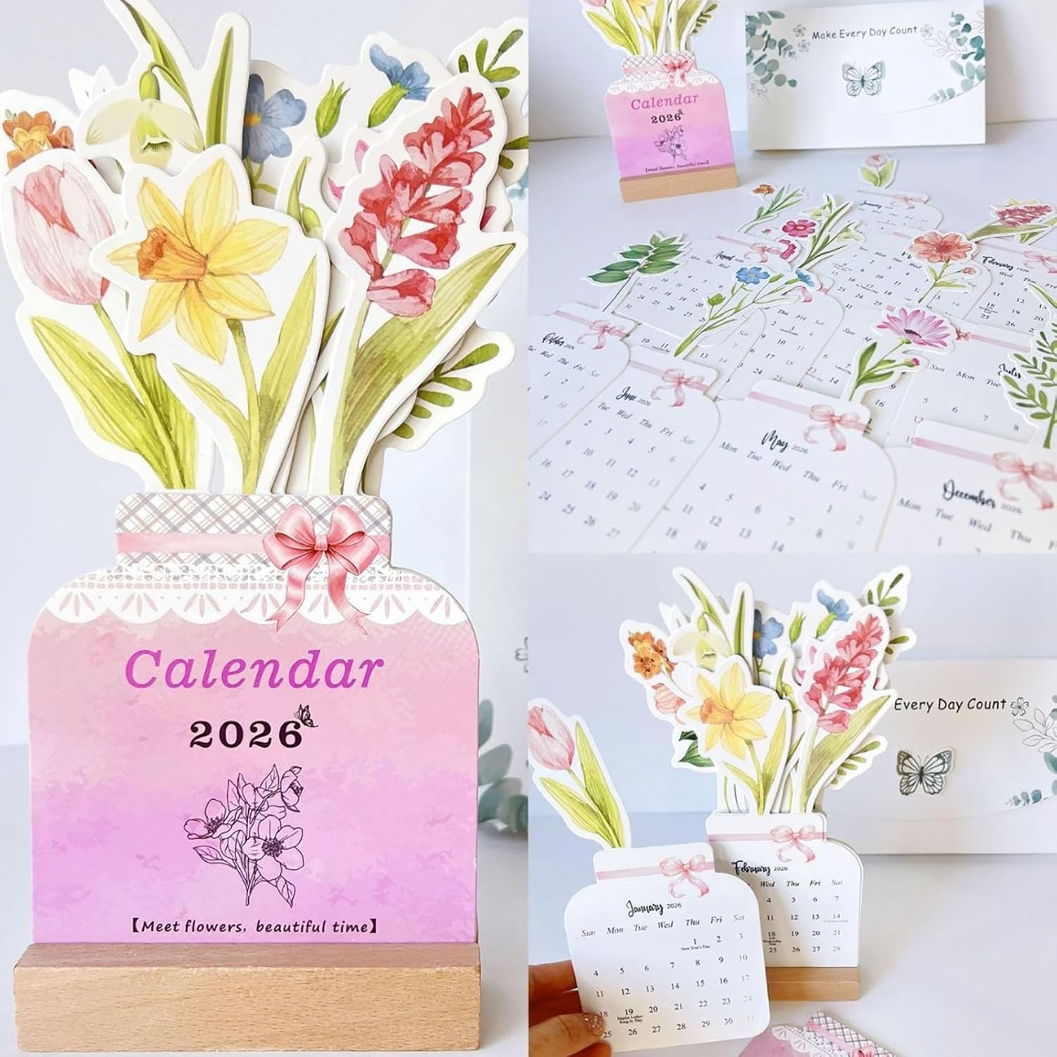 2026 Creative Floral Desk Calendar,Mini Flowers Standing Calendar,Small 1PC
