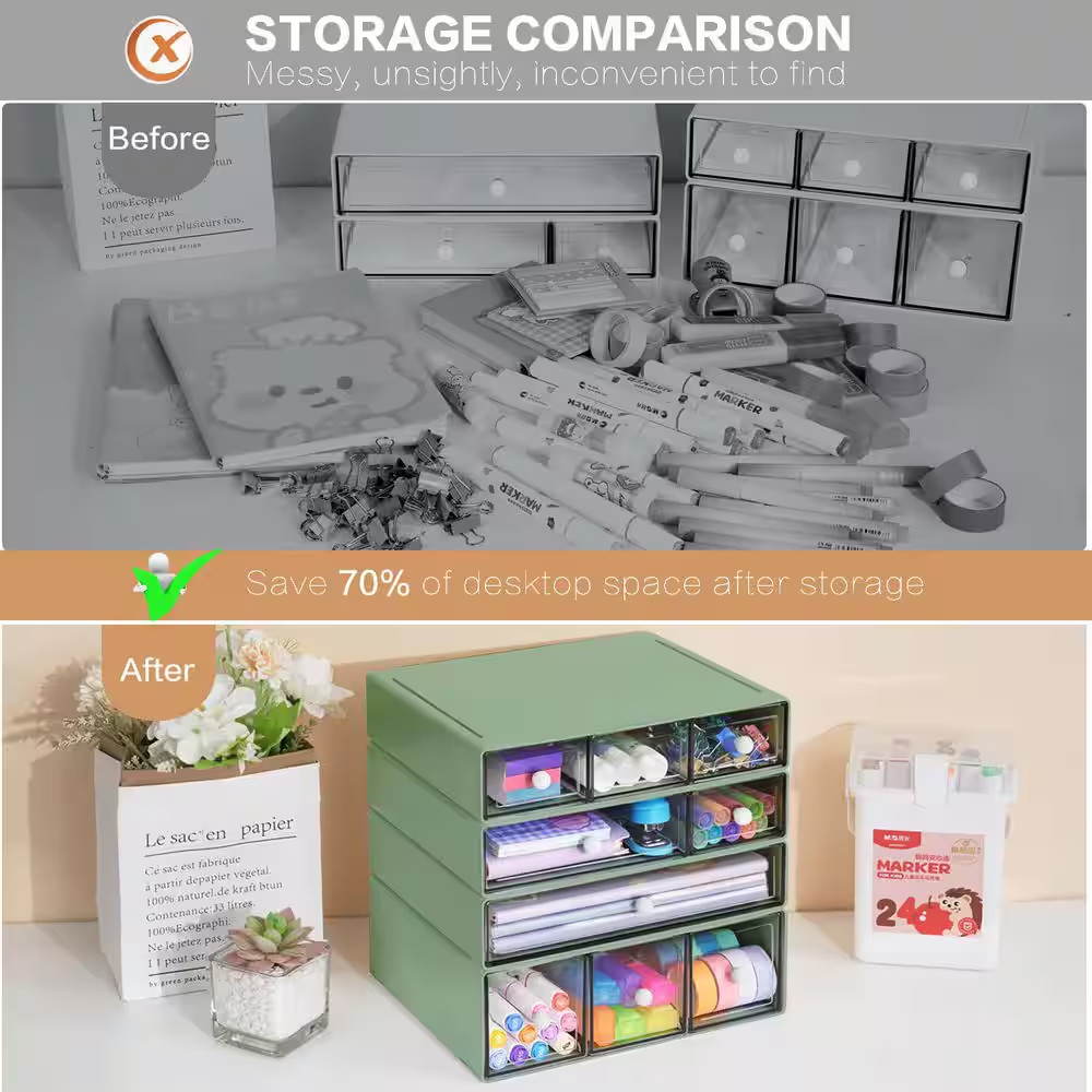 1 Pack 4-Tier Green Clear Drawer Stackable Desk Organizer Minimalist Design Offi
