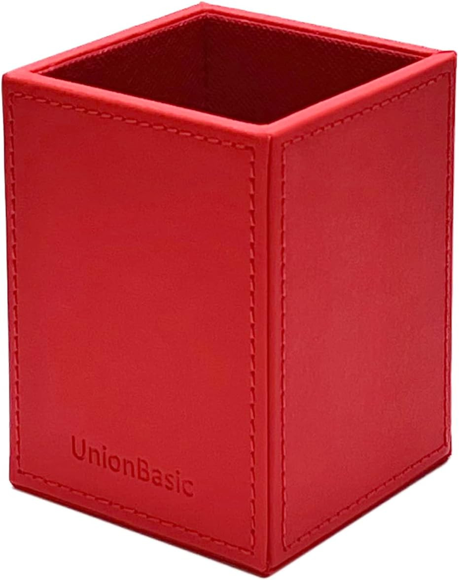 Square Pen Holder, Leather Pencil Cup, Desktop Caddy Stationery Organizer, Red