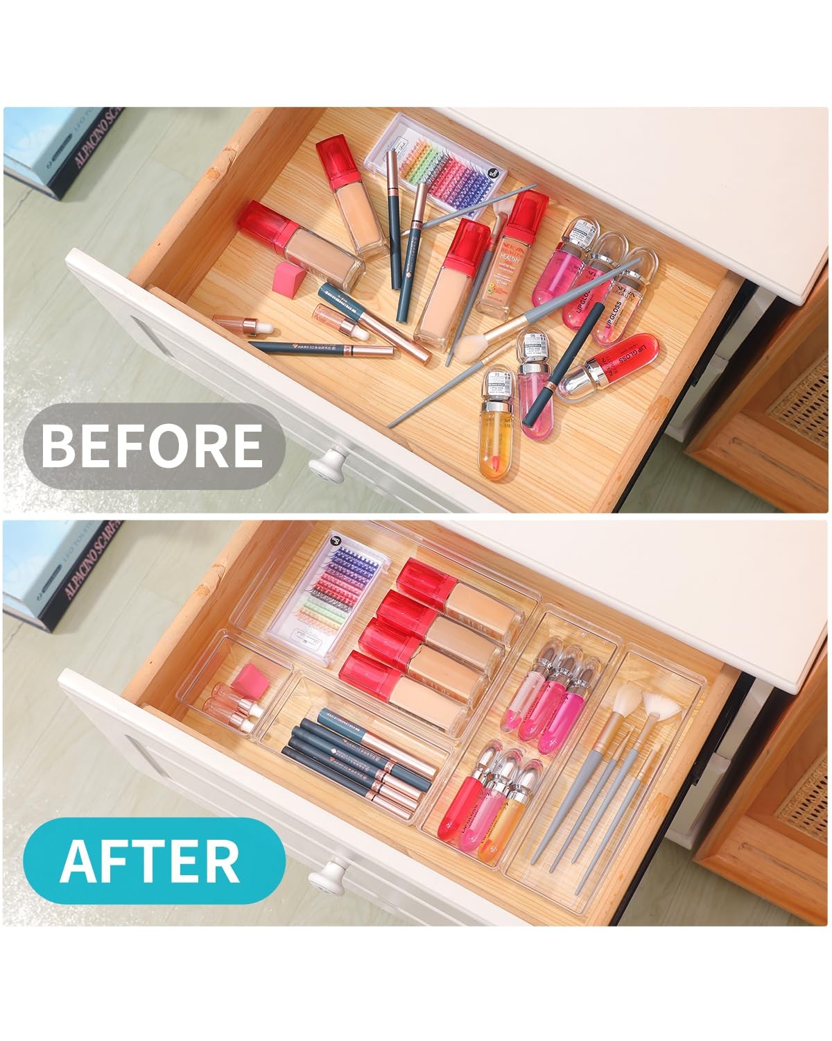 Sodynee Clear Plastic Drawer Organizer Storage – 25Pcs 4 Size Desk Bathroom