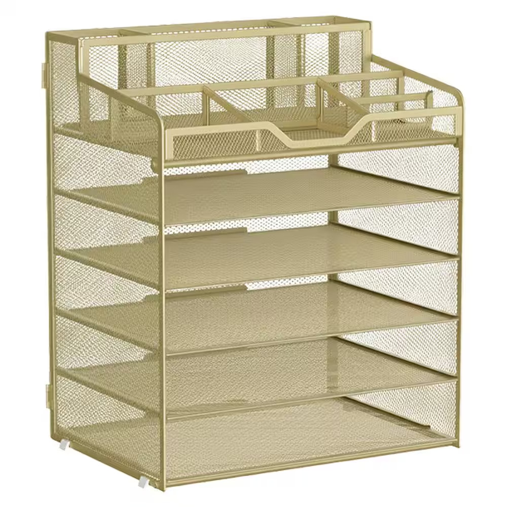 1-Pack Gold Yellow Mesh Desk Organizer 6-Tier Adjustable Letter Tray with 3 Pen