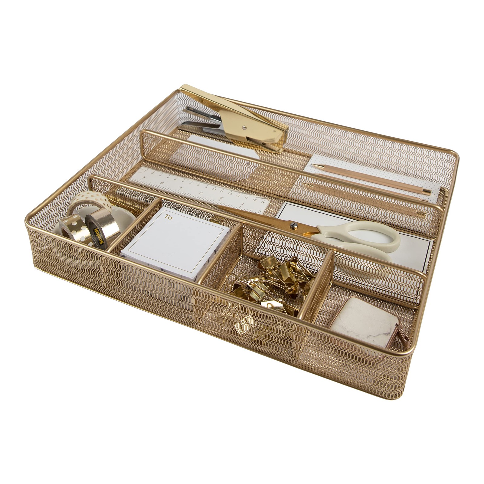 BLU MONACO | Gold Desk Drawer Organizer Tray with 6 Compartments | Metal Mesh…