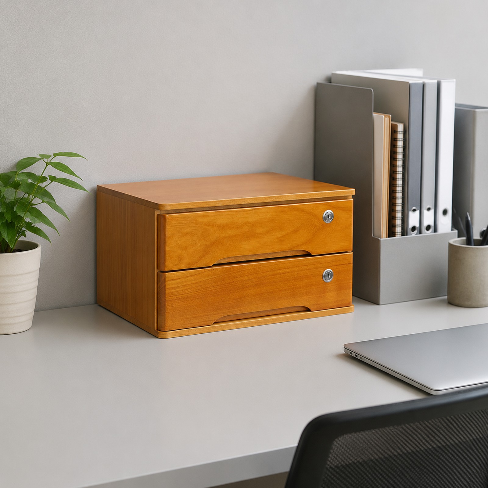 Retro Wooden Desktop Storage Box 2-Tier Desk Organizer w/ Lockable Drawers