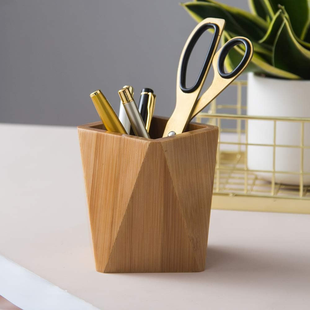 Bamboo Wood Pen Holder Stand for Desk Geometric Pencil Cup Pot Cute Desktop Offi