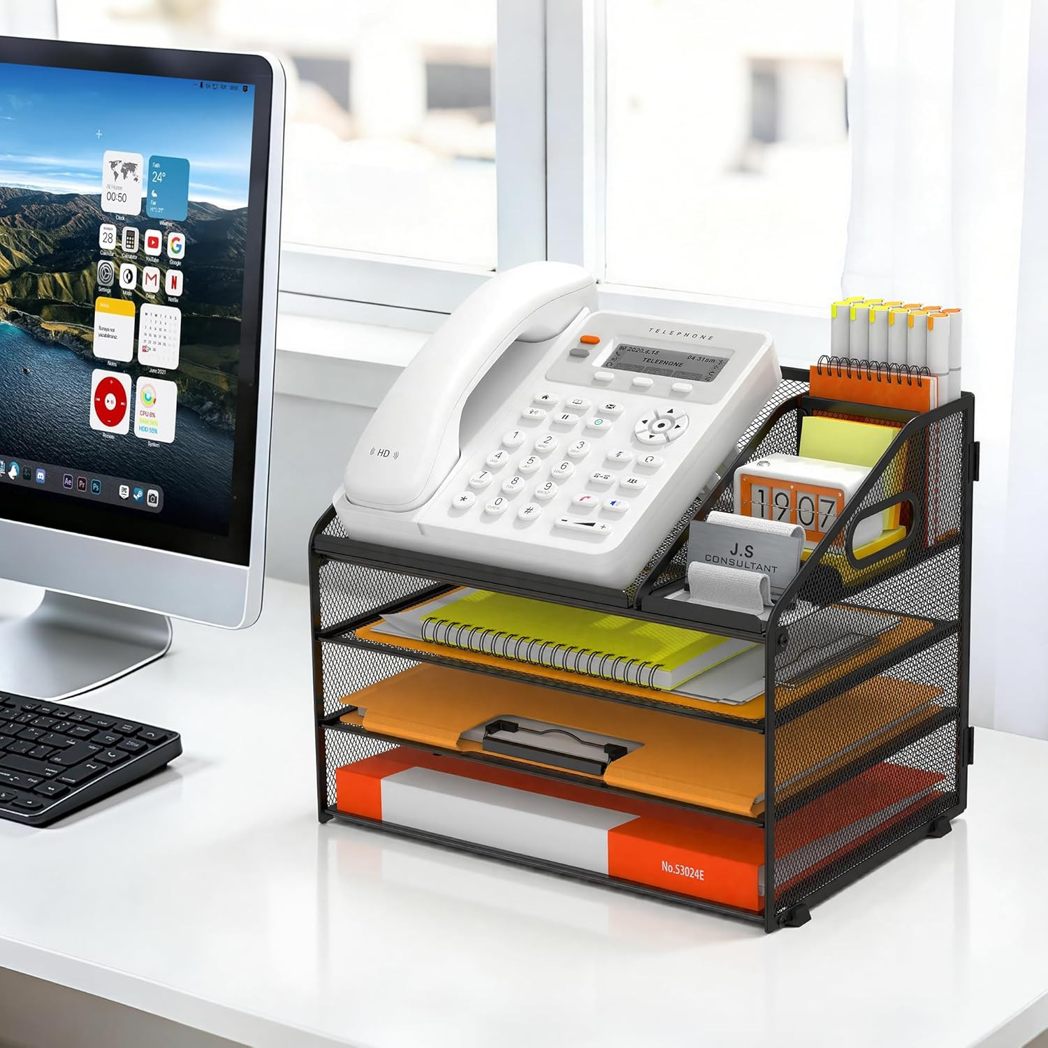 4 Tier Metal Mesh Letter Tray – Space Saving Desk File Organizer with Handle, Pe