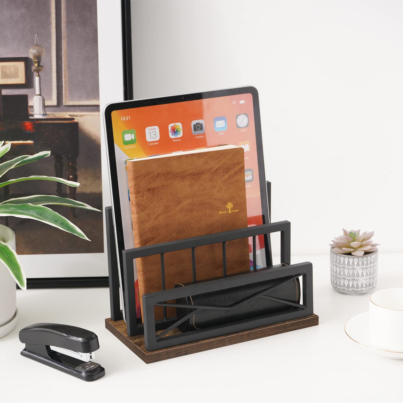 Desktop Mail Organizer 2Slot Matte Black Metal Mail Sorter Storage Rustic Brown