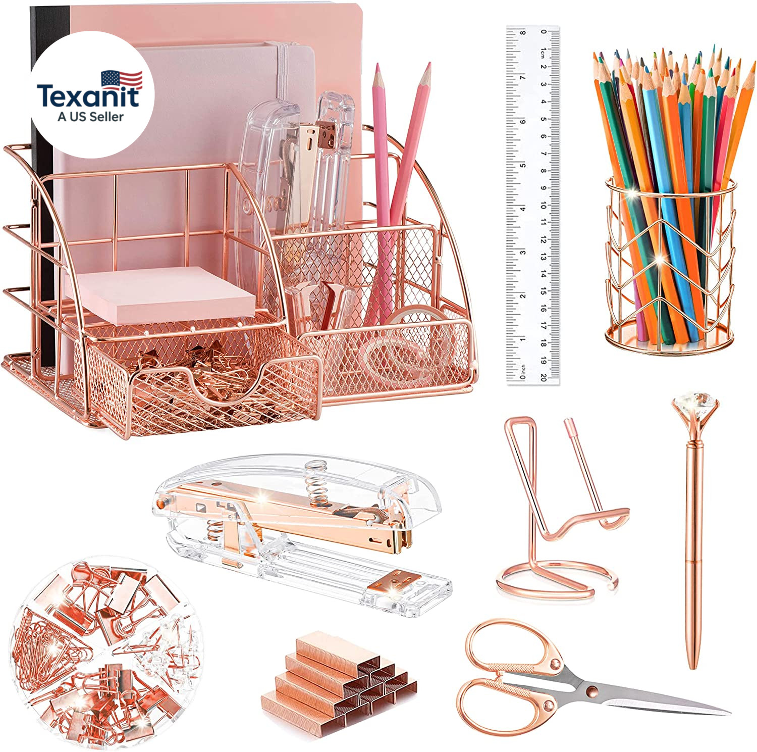 Rose Gold Desk Organizers and Accessories Office Supplies Set Stapler, Pen Holde