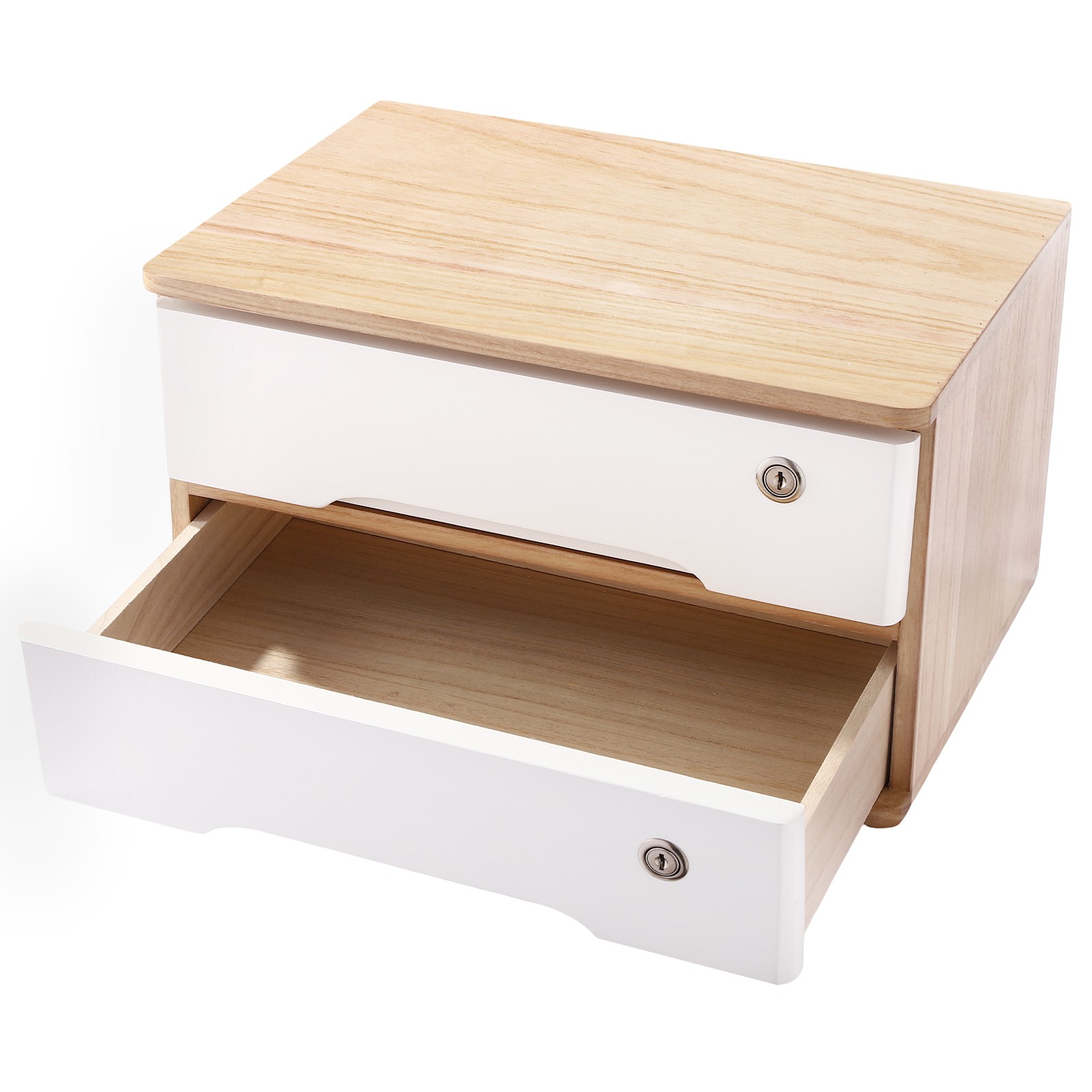 2 Tier Desktop Organizer with 2 Lockable Drawers Wooden Desk Storage Box