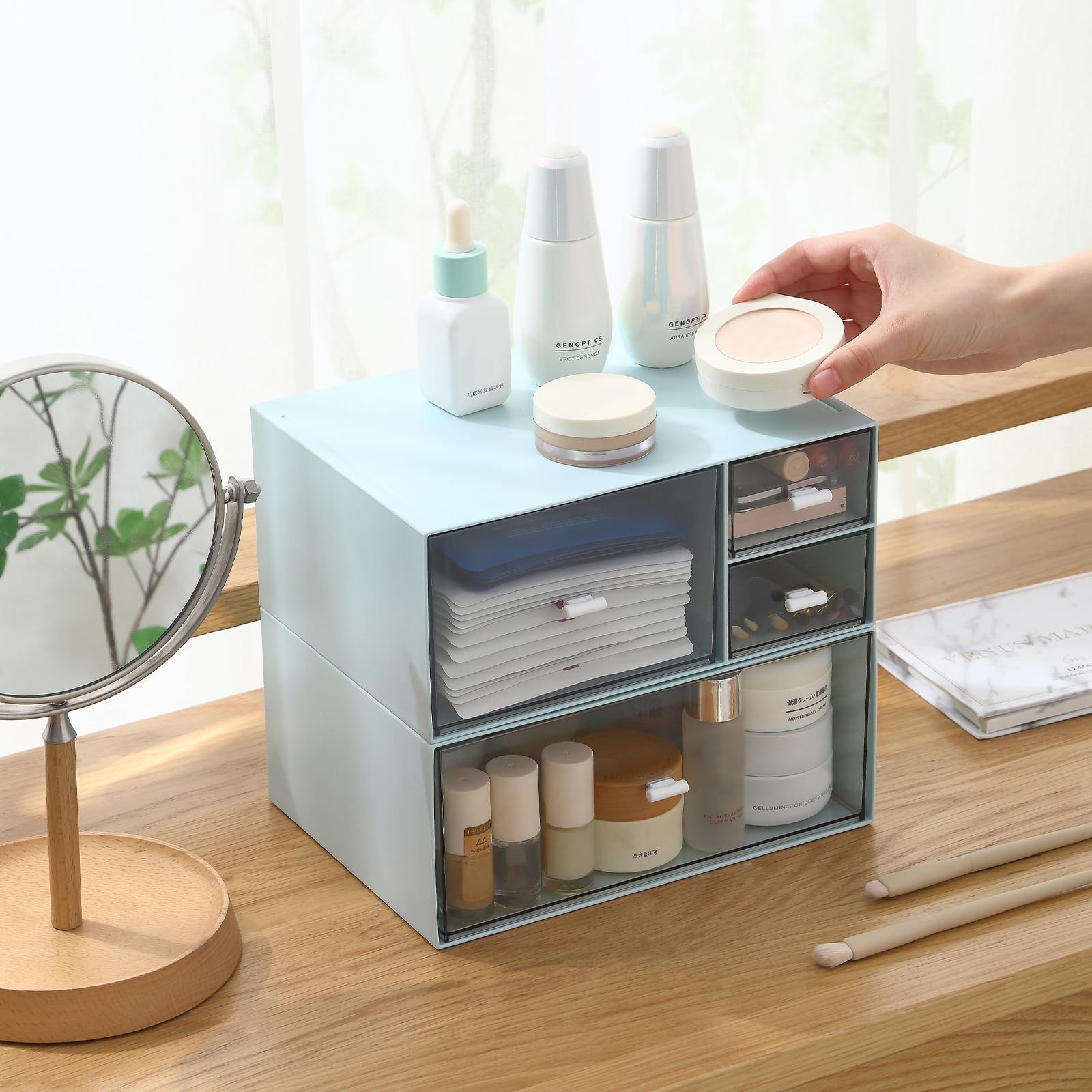 Marknor Desk Organizer with 4 Drawers, Makeup Organizer, Plastic Blue