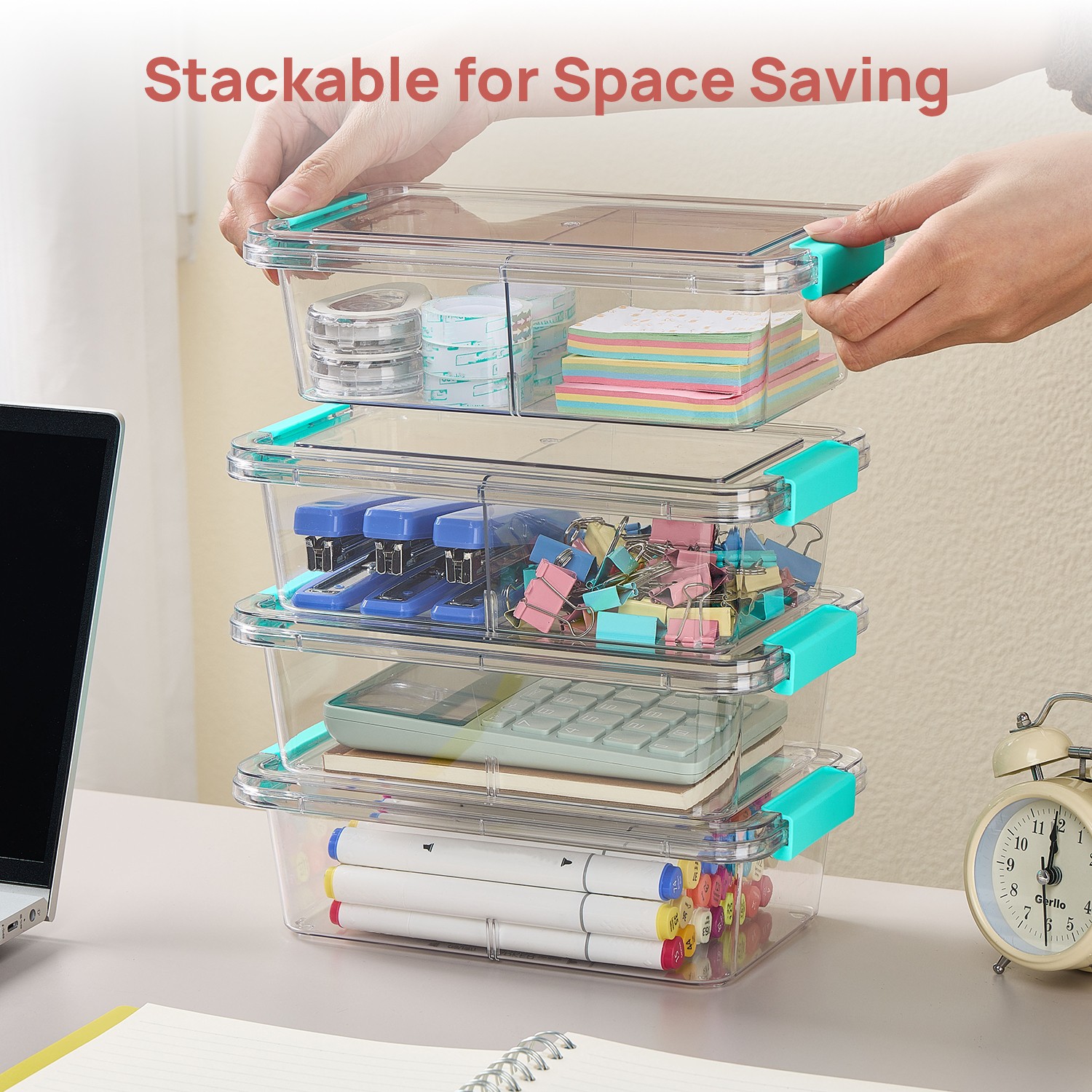 4 Pack 1.5Qt Clear Pencil Box, Plastic Pencil Holder with Removable Divider