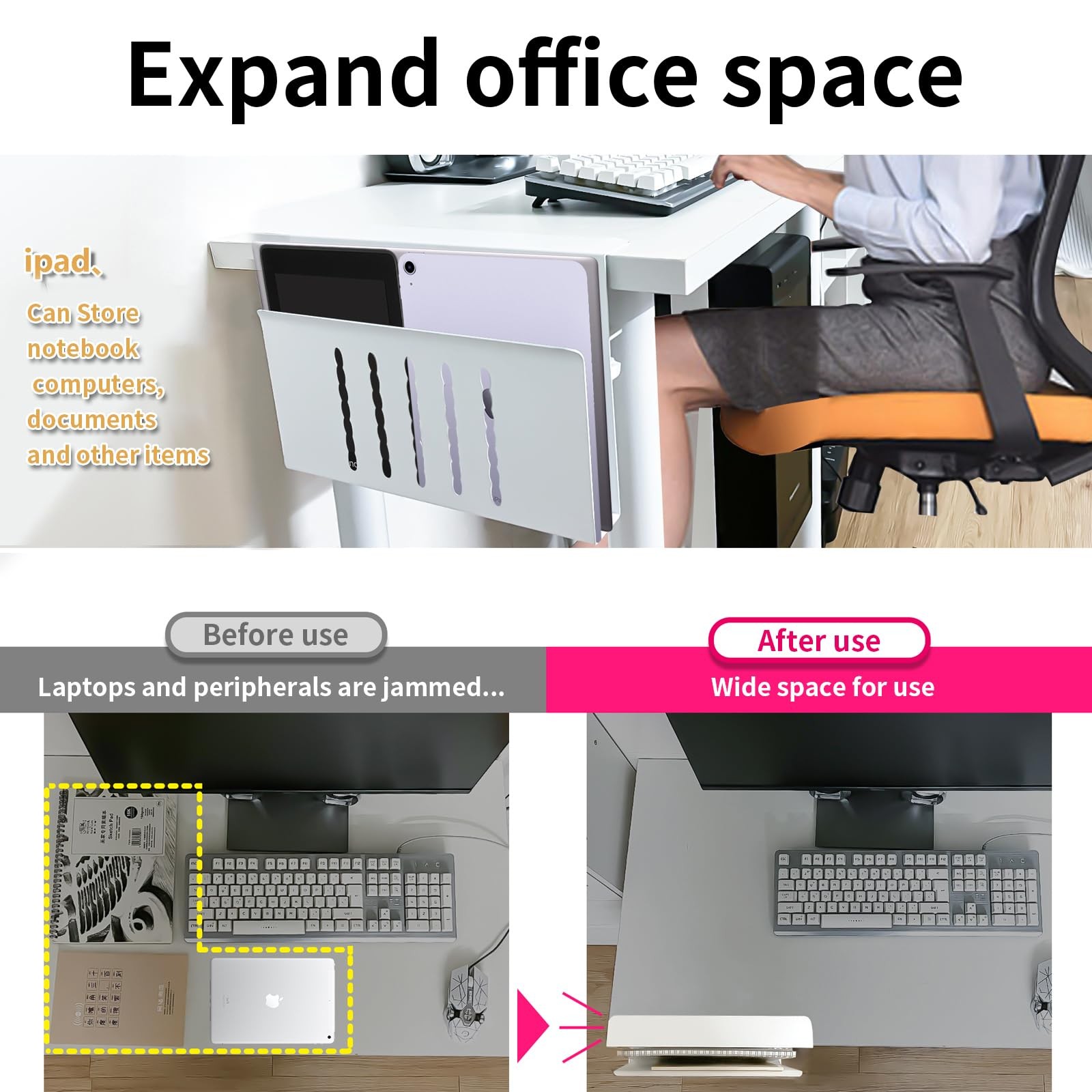 Xapypy Desk Side Storage, Under No Drill Steel Hanging white