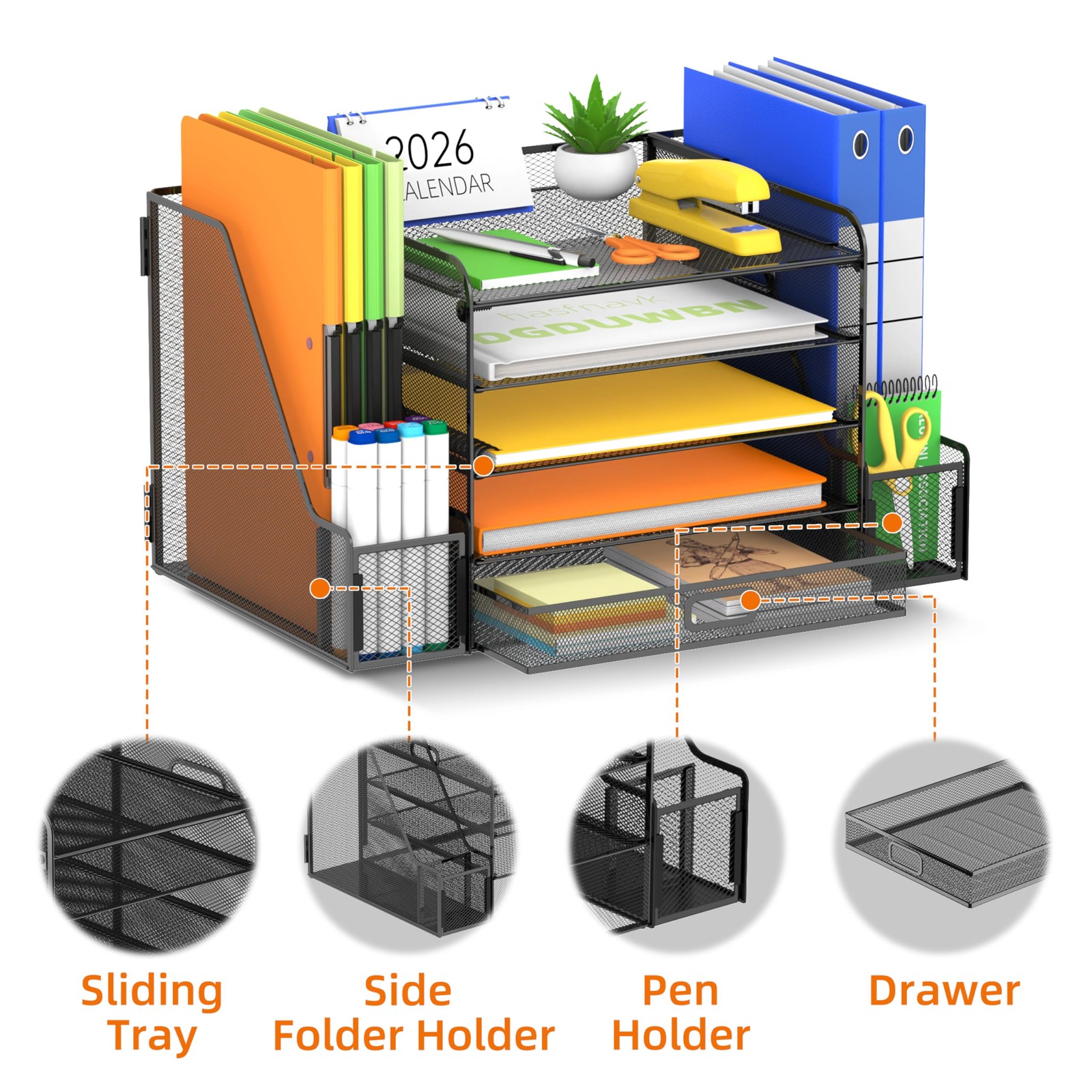 SUPEASY Mesh Desk Organizer with File Holder, 5-Tier Paper With drawer, Black