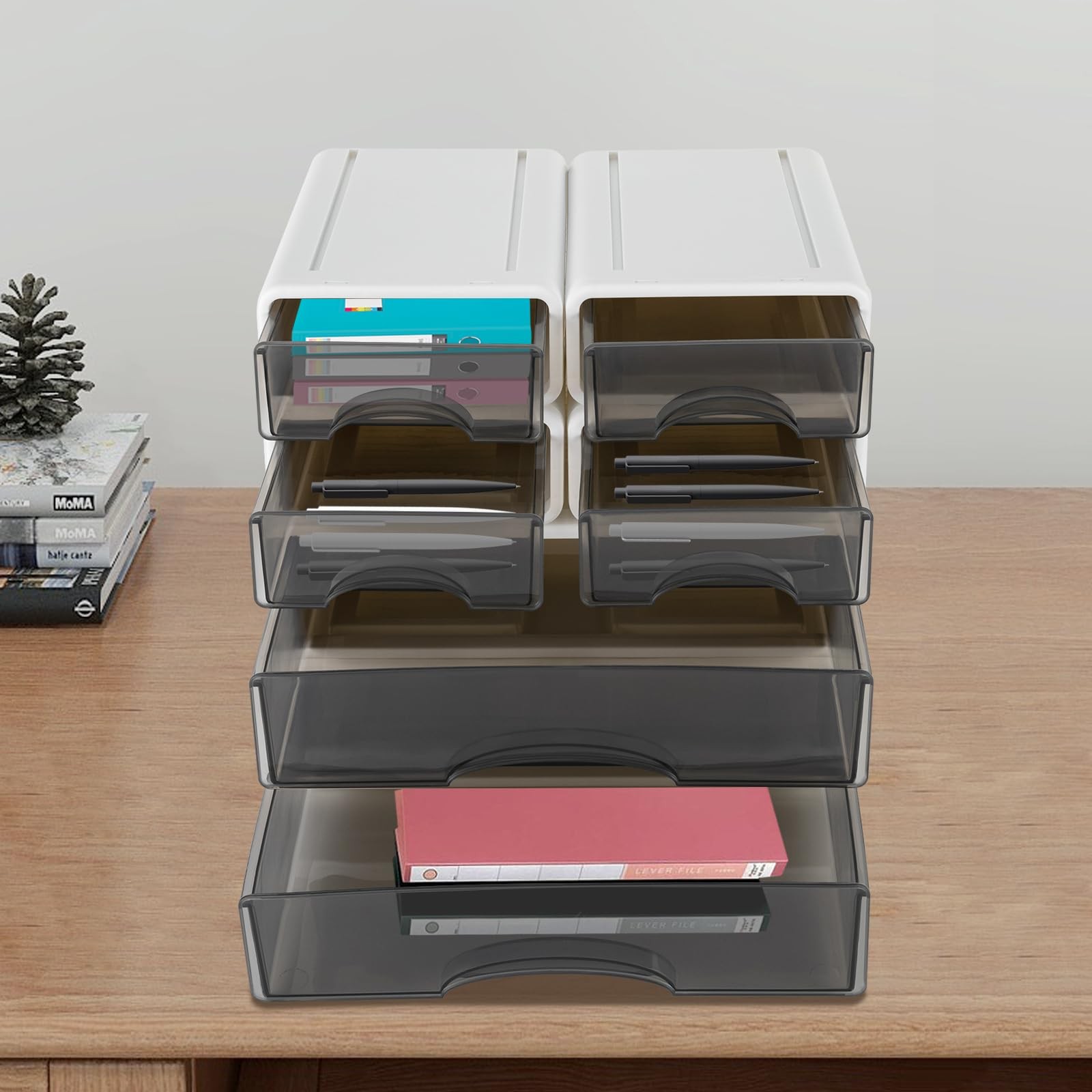 Stackable Office Storage Box with Drawers, Desk White