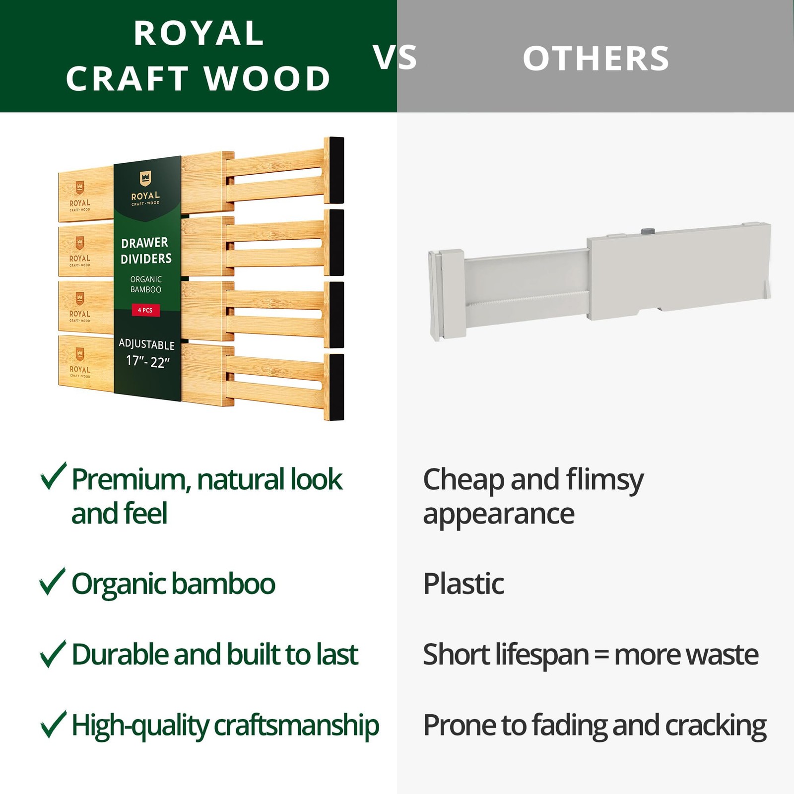Bamboo Drawer Dividers Organizers, Adjustable Large (up to 22″), Natural