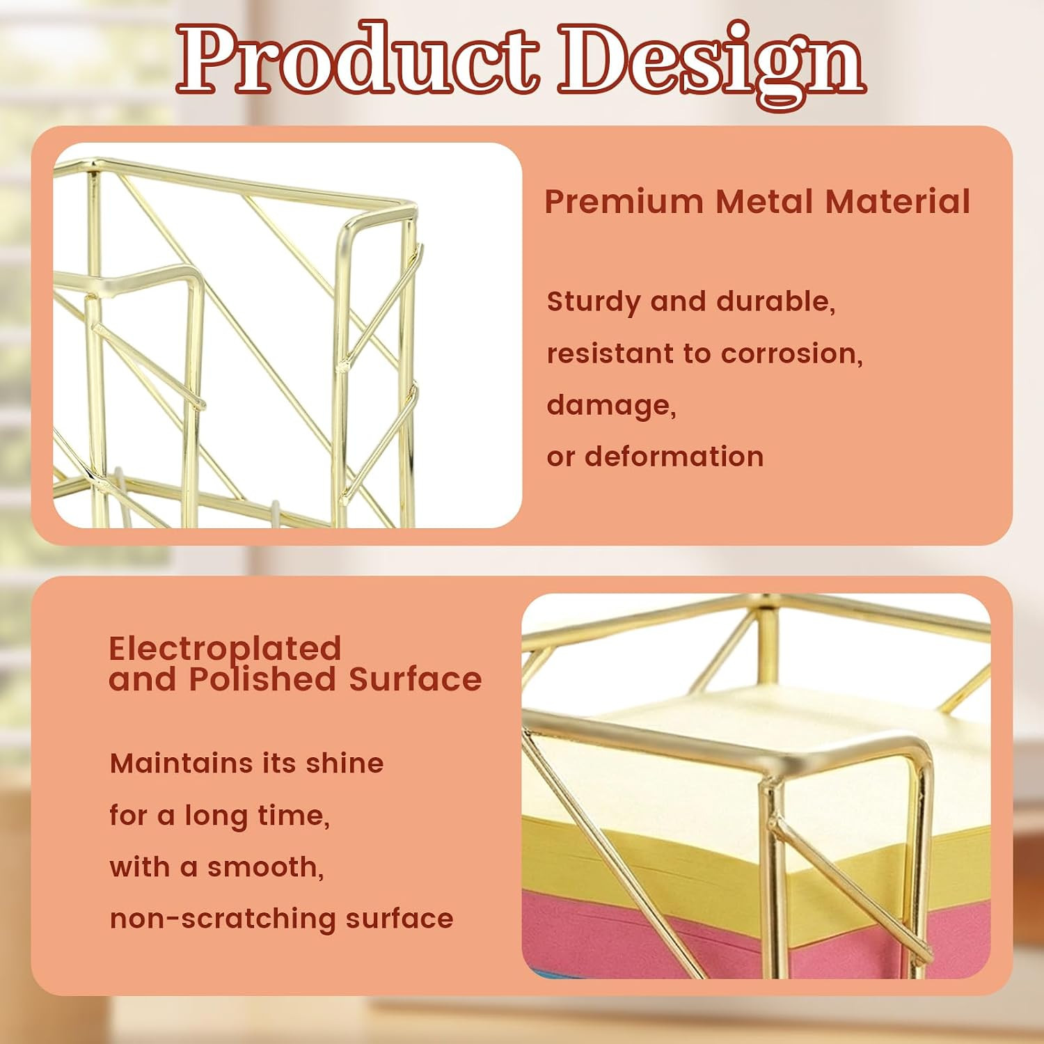 Sticky Note Holder, Gold Desk Accessories, 3.8X3.8 Inches Functional Stylish Met