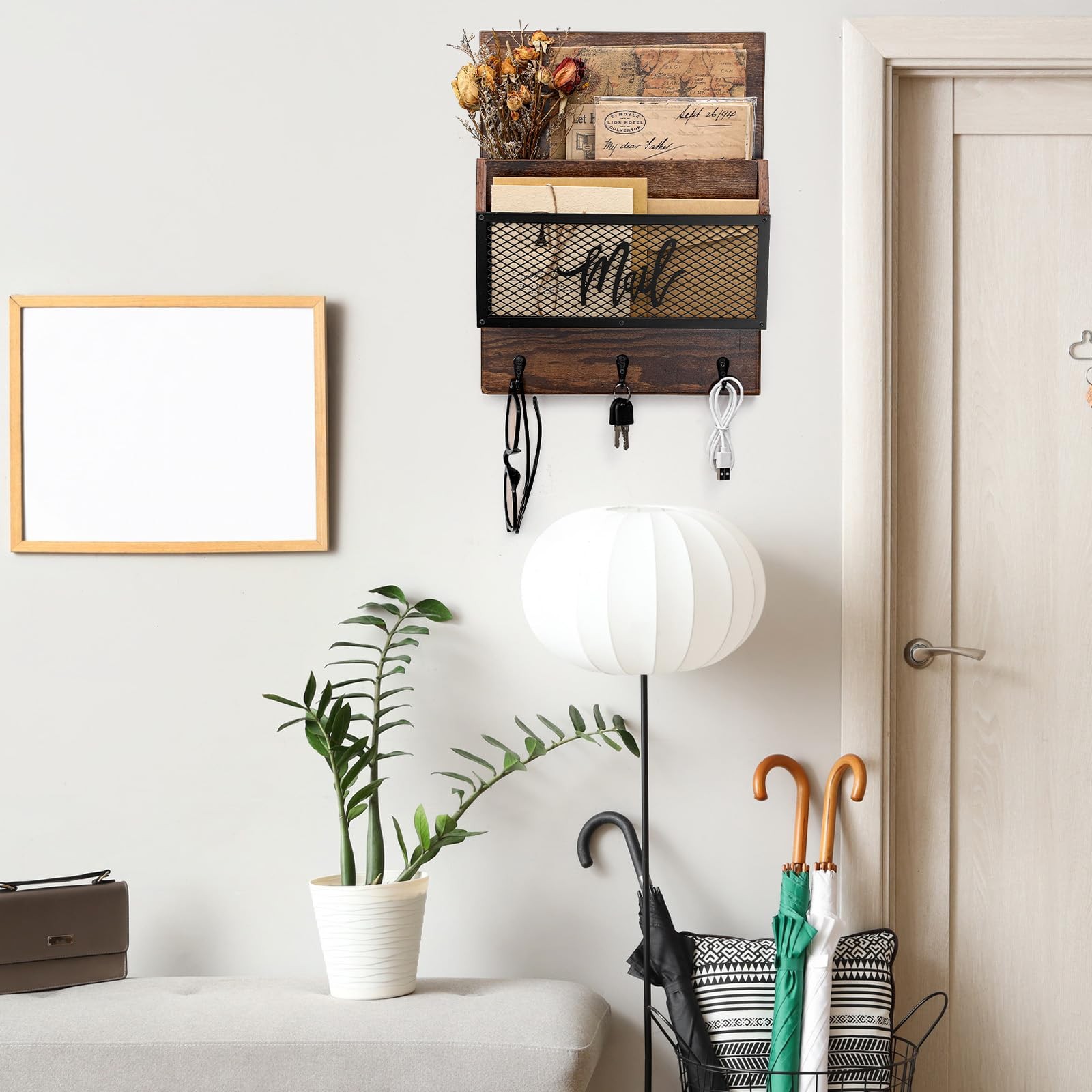 Farmhouse Organizer Wall Mounted Rustic Holder Hanging Key Sorter with 3 Hook…