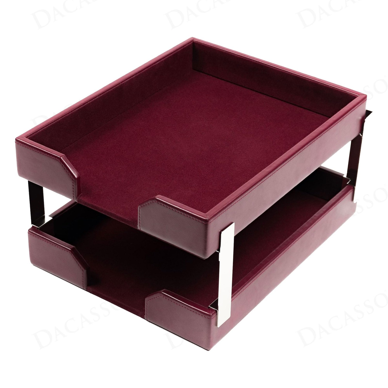 Burgundy Bonded Leather Front-Load Double Letter Tray Set w/Silver Stacking P…