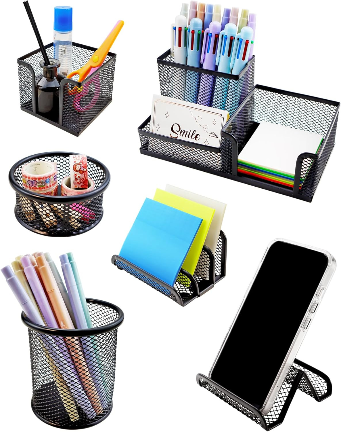 6 Piece Mesh Desk Organizer Set Office Supplies Pen Holder Phone Stand Black Kit