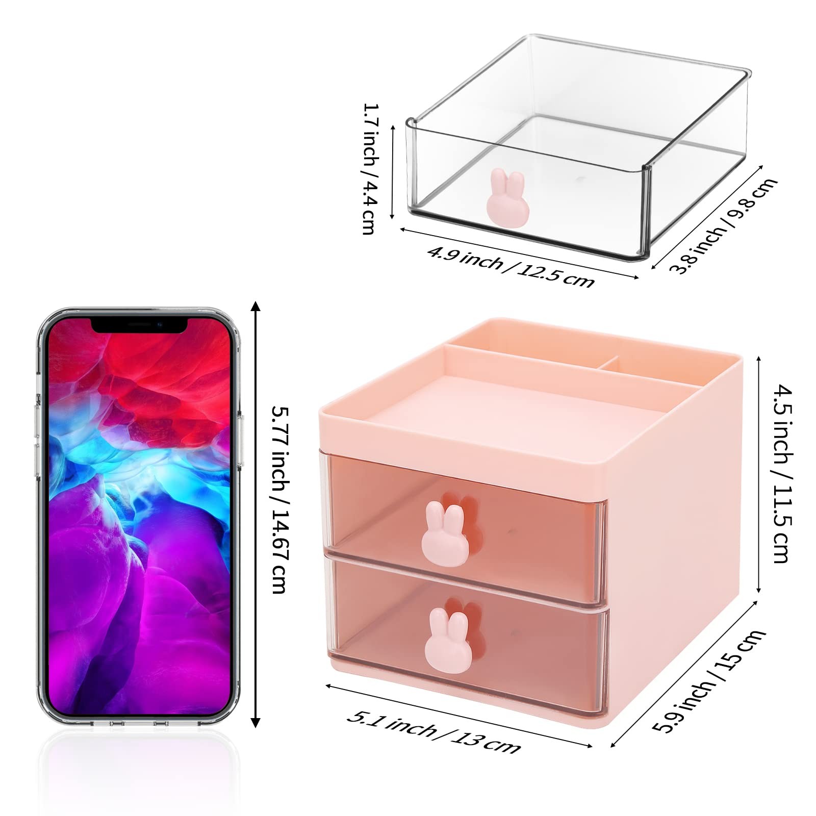 LETURE Small Desk Organizer With Drawer, Office Desktop Storage Box, Pink