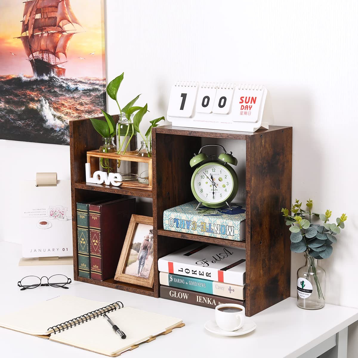 PAG Desktop Shelf Freestanding Wooden Small Bookshelf Style 4, Antique Brown