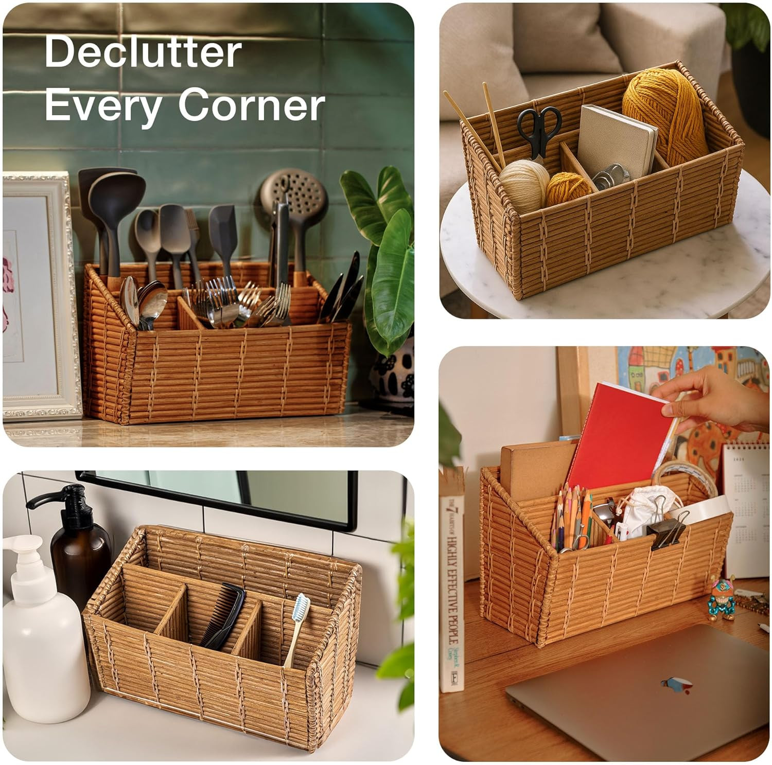 Rattan Desk Organizer – 4-Slot Letter Holder & Mail Organizer Countertop, 12.5″X