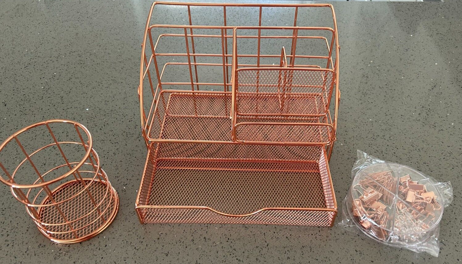 Rose Gold Desk Organizer Set for Office Supplies Pen/Pencil Holder, Clips New