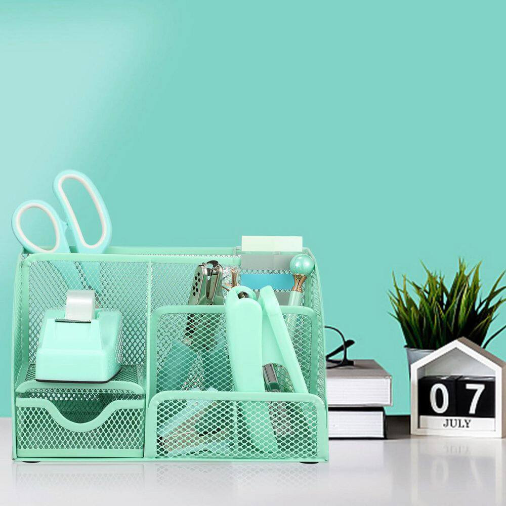 1 Set Green Mesh Desk Organizer with Drawer Teal Office Supply Kit Pen Holder St