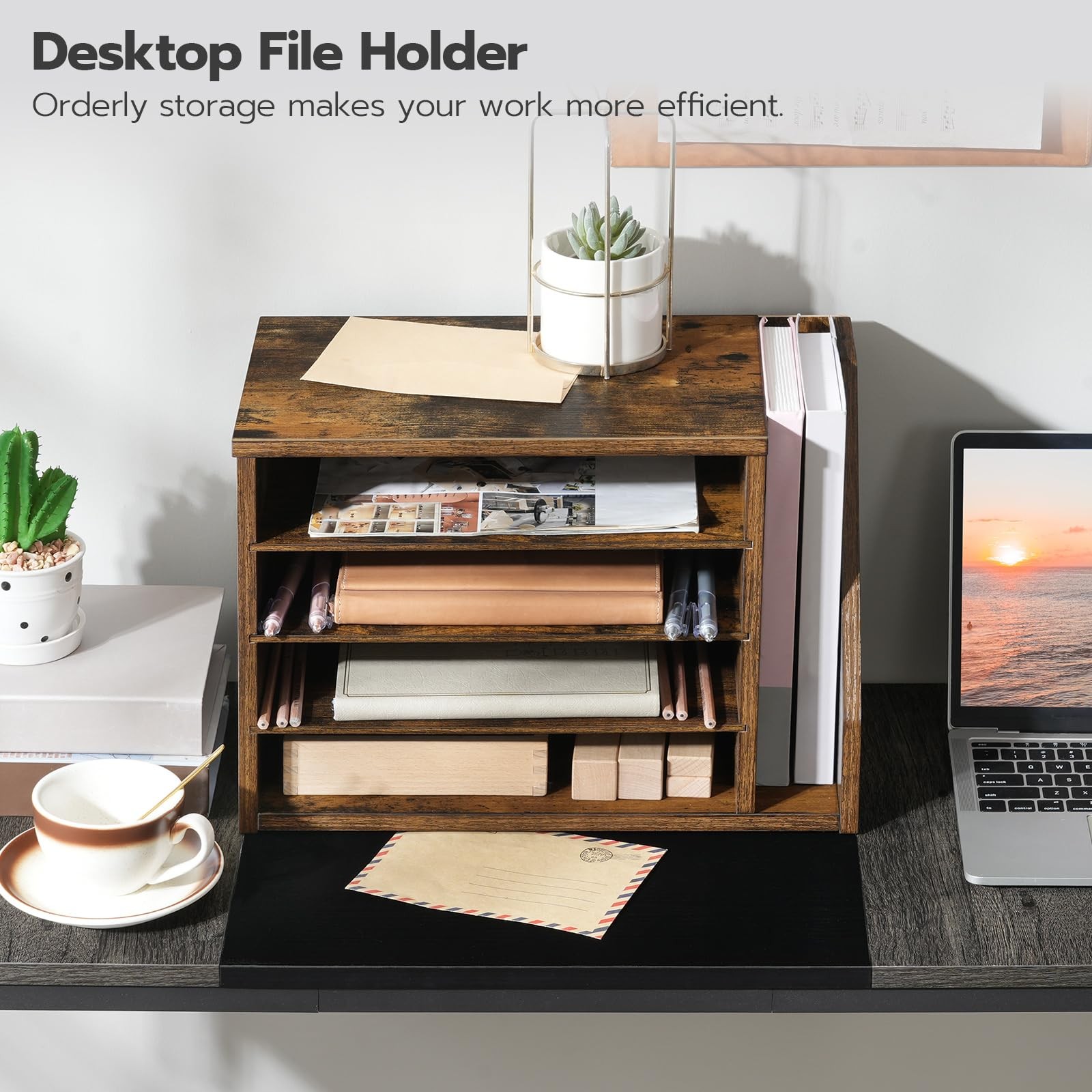 Rustic Brown Wood Mail Sorter Literature Organizer Adjustable Shelves FG41WF01